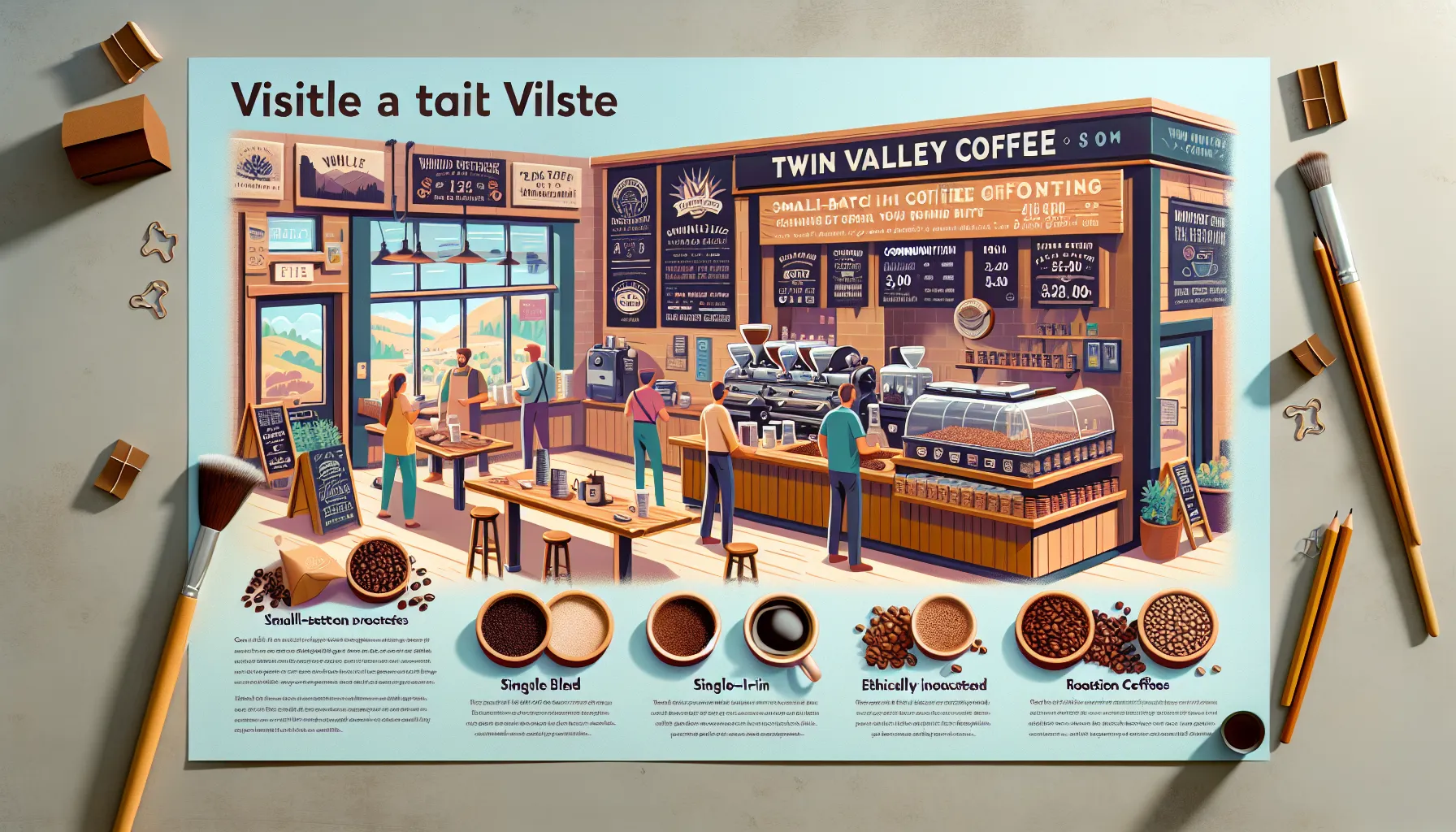 An illustration of the Twin Valley Coffee shop featuring various coffee options and a bustling café atmosphere with patrons enjoying their drinks.