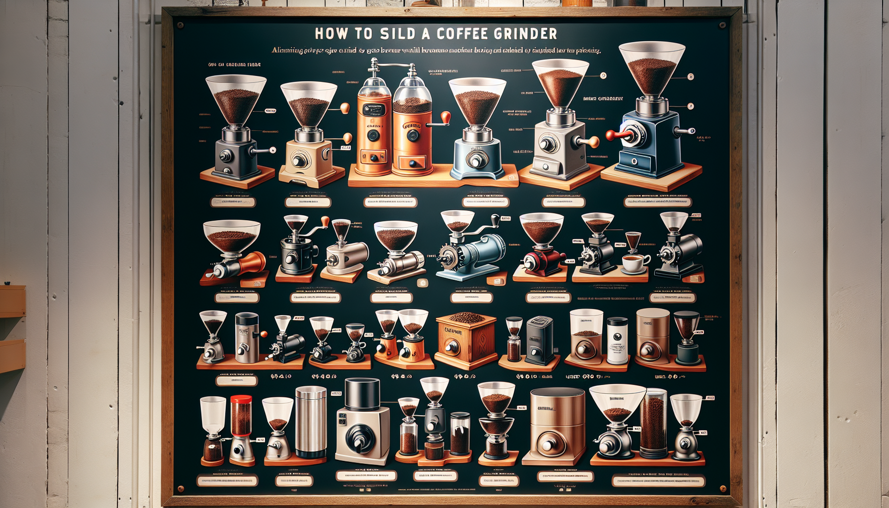 Illustrated guide on how to select a coffee grinder, featuring various types of grinders with labels describing their functions, features, and suitable grind sizes, displayed on a dark background with a wooden frame.