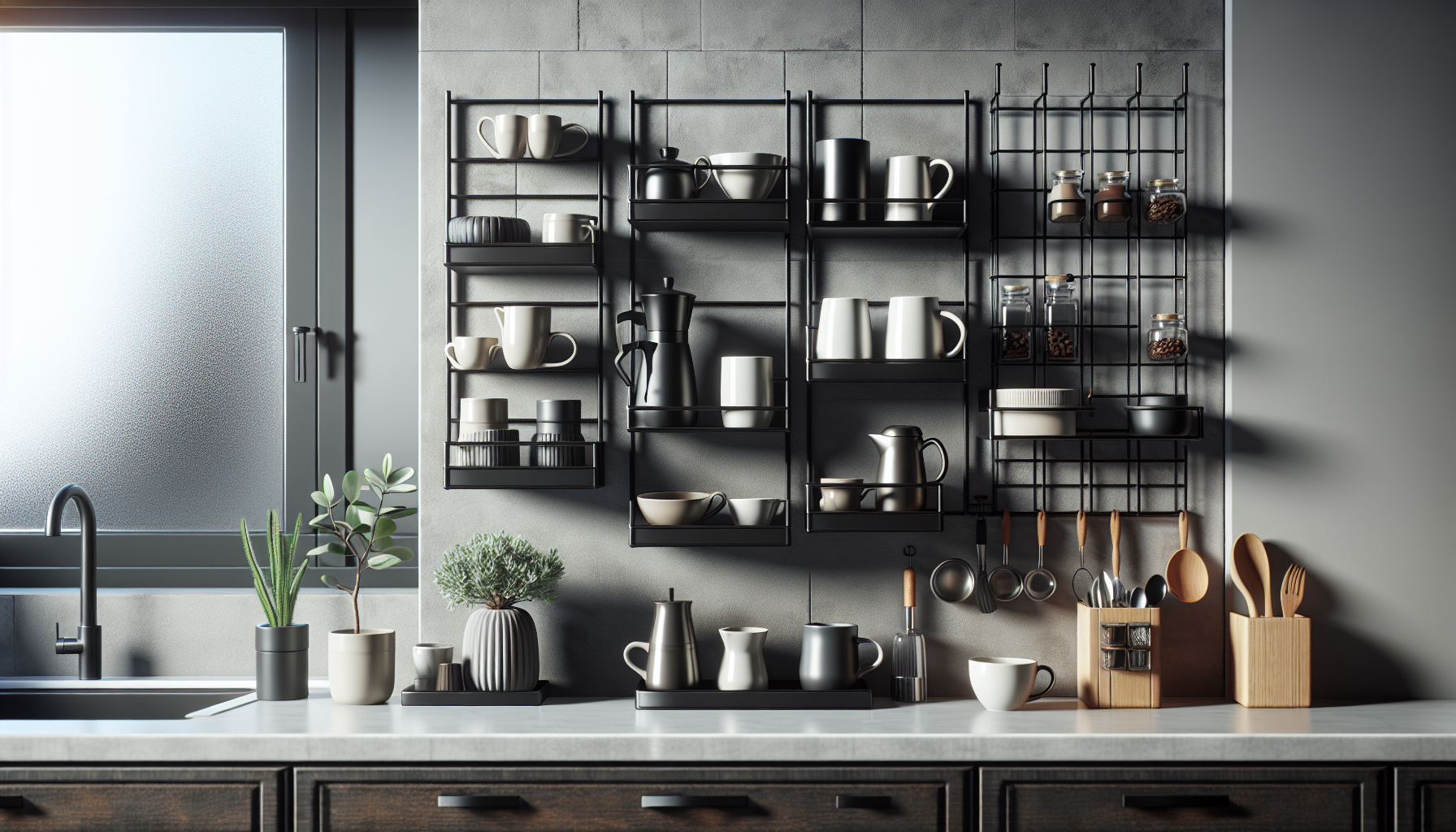 A modern kitchen with a minimalist design featuring a black metal shelving unit displaying various ceramic mugs, coffee pots, and small plants. A sleek countertop hosts wooden utensil holders, cooking tools, and a small potted plant, with a frosted window providing natural light.