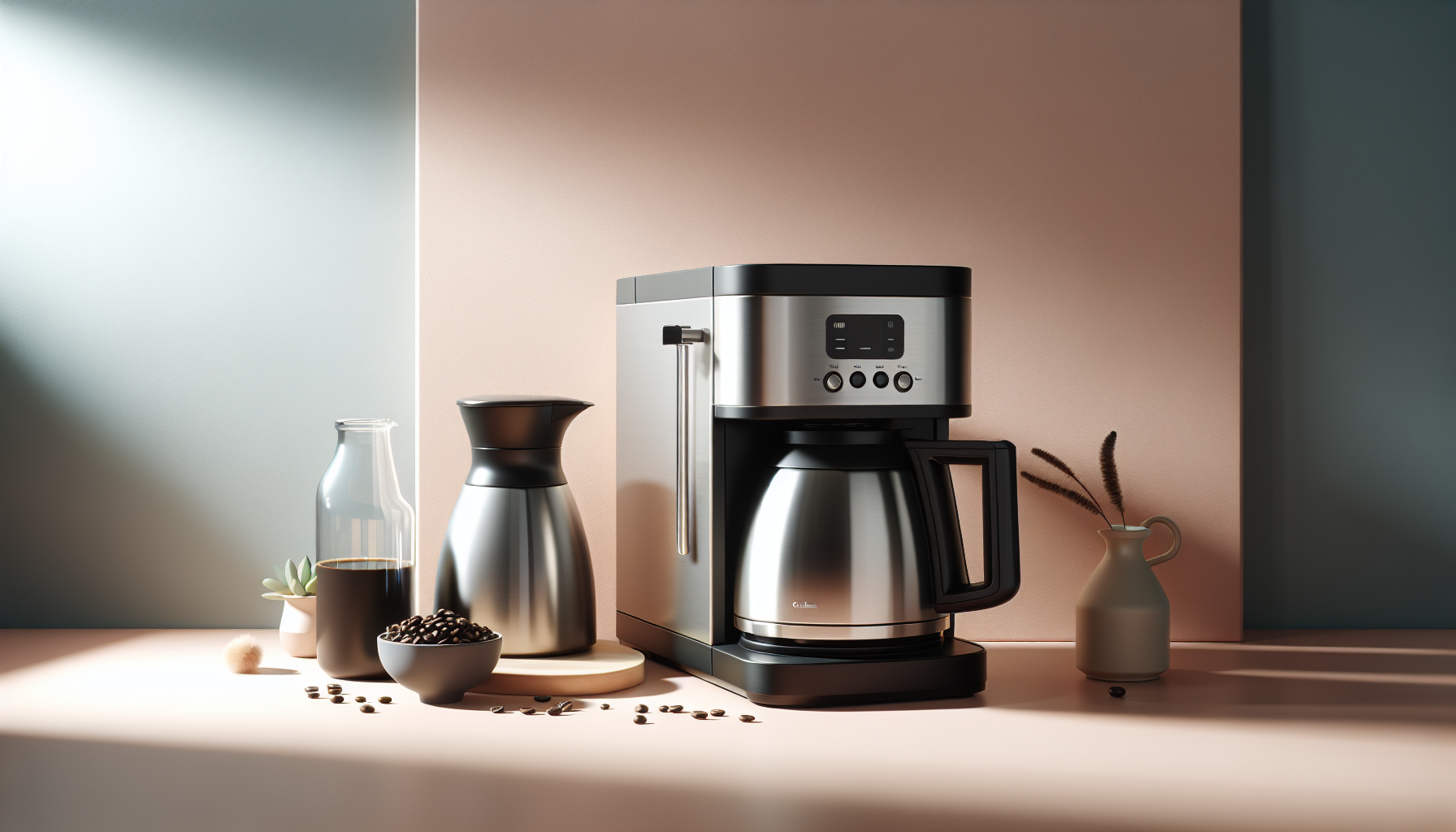 A modern coffee maker in stainless steel sits on a light-colored countertop, accompanied by a glass milk container, a sleek metallic carafe, a small potted plant, a bowl of coffee beans, and a minimalist cream-colored vase with decorative stems, all set against softly lit pastel walls.