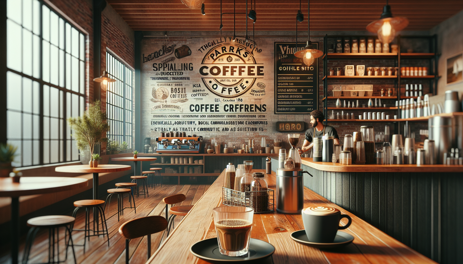 A cozy coffee shop interior featuring wooden tables and chairs, large windows allowing natural light, and a wall adorned with vintage coffee-themed artwork. In the foreground, a glass of coffee and a cup with latte art sit on a wooden table, while a barista is seen preparing drinks at the counter filled with coffee-making equipment and jars. The atmosphere is warm and inviting.