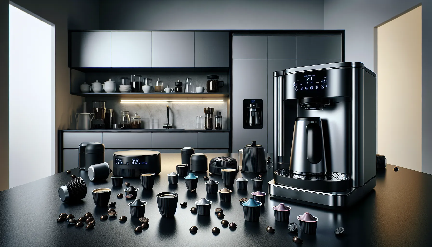 A modern kitchen countertop featuring a sleek coffee maker, surrounded by various coffee cups and pods in different colors. There are coffee beans scattered on the surface, with a backdrop of stylish gray cabinetry and kitchen accessories.