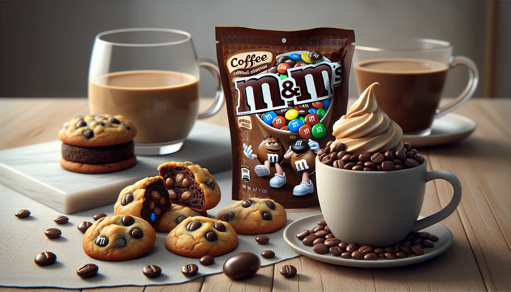 A delicious assortment featuring coffee m&ms, cookies, coffee cups, and chocolate treats.