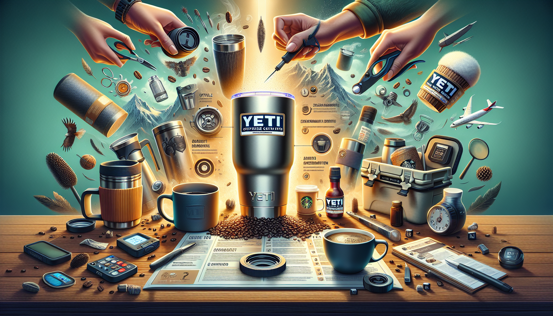 A dynamic arrangement of various YETI products, including tumblers, mugs, and a cooler, surrounded by coffee beans and outdoor-themed items like feathers, pine cones, and mountain illustrations. Hands are seen interacting with tools such as scissors and a flashlight, while documents and electronic gadgets are placed around, creating a vibrant scene of outdoor adventure and coffee culture.