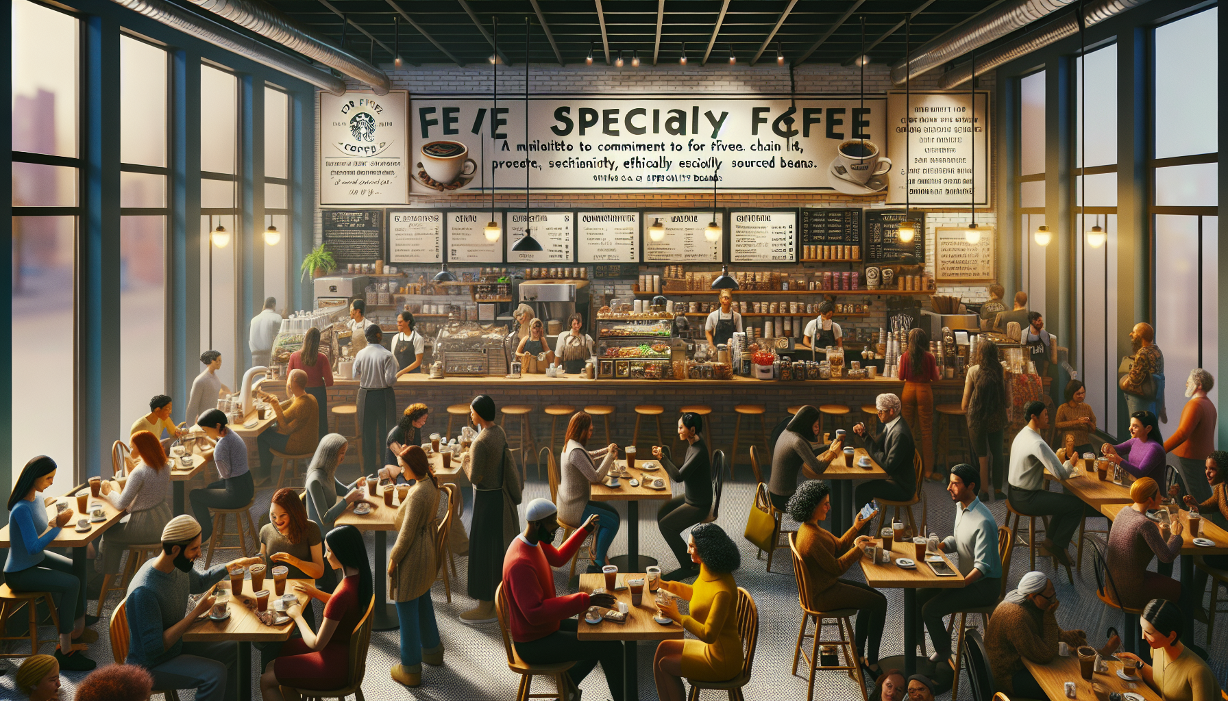 A bustling coffee shop filled with diverse customers seated at wooden tables, enjoying drinks and food. A large menu and coffee display are visible in the background, with baristas preparing orders. The atmosphere is warm and inviting, featuring large windows that let in natural light.