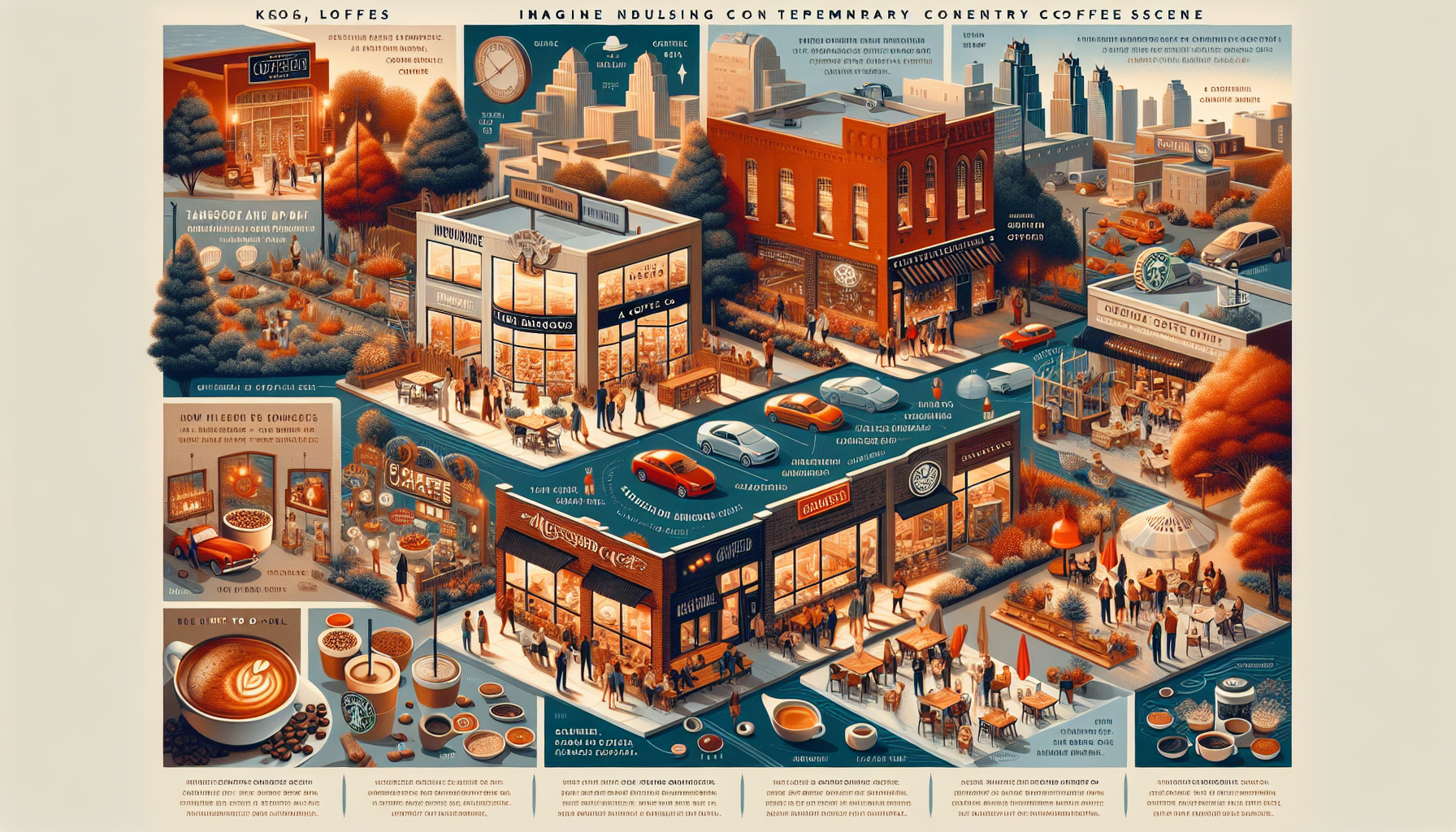 A vibrant, illustrated urban coffee scene showcasing various coffee shops, outdoor seating areas, and people enjoying beverages. The image features detailed storefronts with inviting designs, surrounded by trees and sidewalks, along with cars parked nearby. Each area highlights different coffee types and shop names in a charming, cozy atmosphere.