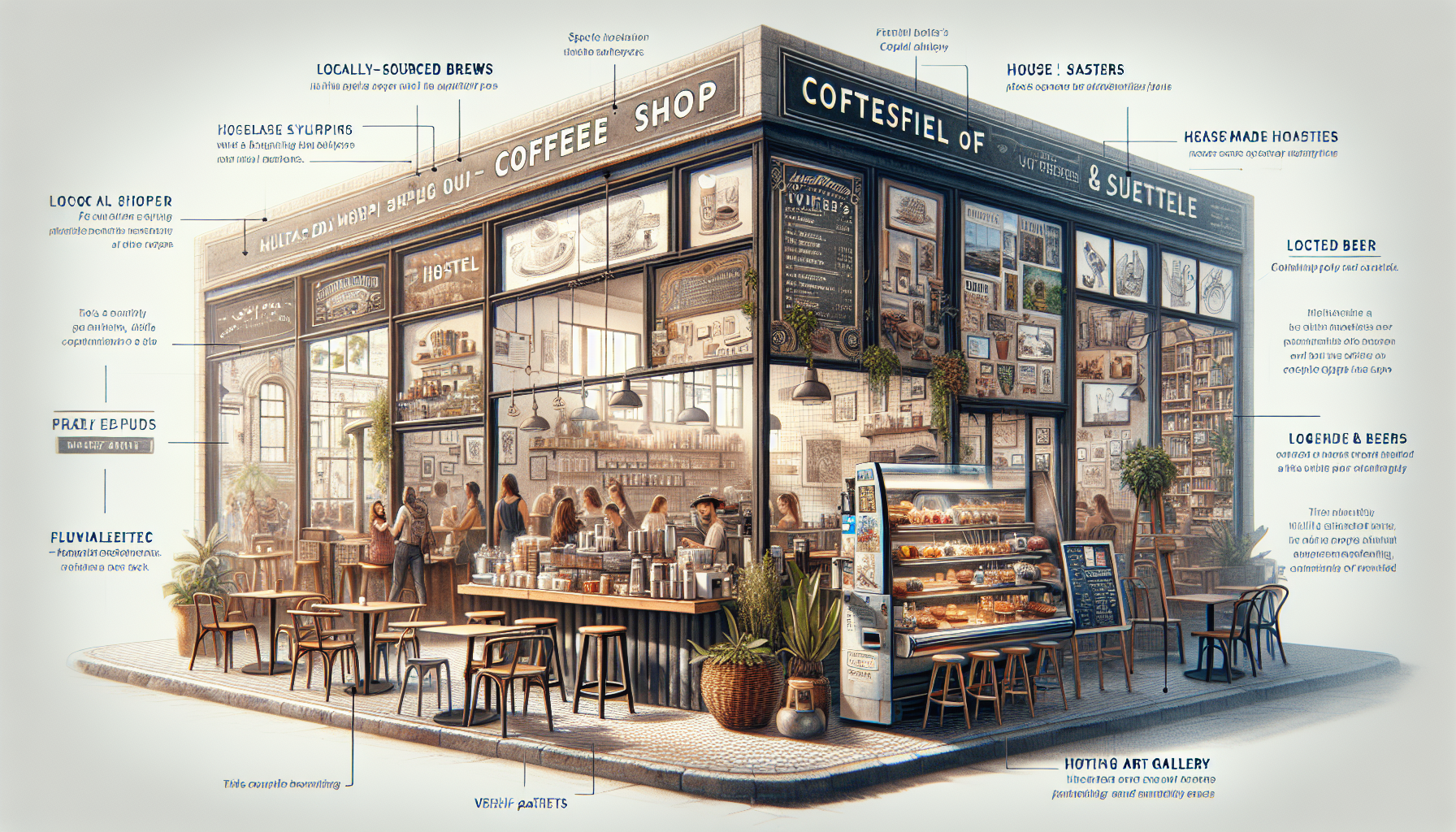 A beautifully illustrated coffee shop and hostel featuring an inviting outdoor seating area with wooden tables and chairs. The storefront showcases large glass windows adorned with plants and a display of baked goods. Inside, customers are seen enjoying their drinks and pastries, surrounded by shelves of locally sourced products and artworks. The shop emphasizes local brews, specialty pastries, and community engagement, creating a warm and welcoming atmosphere.