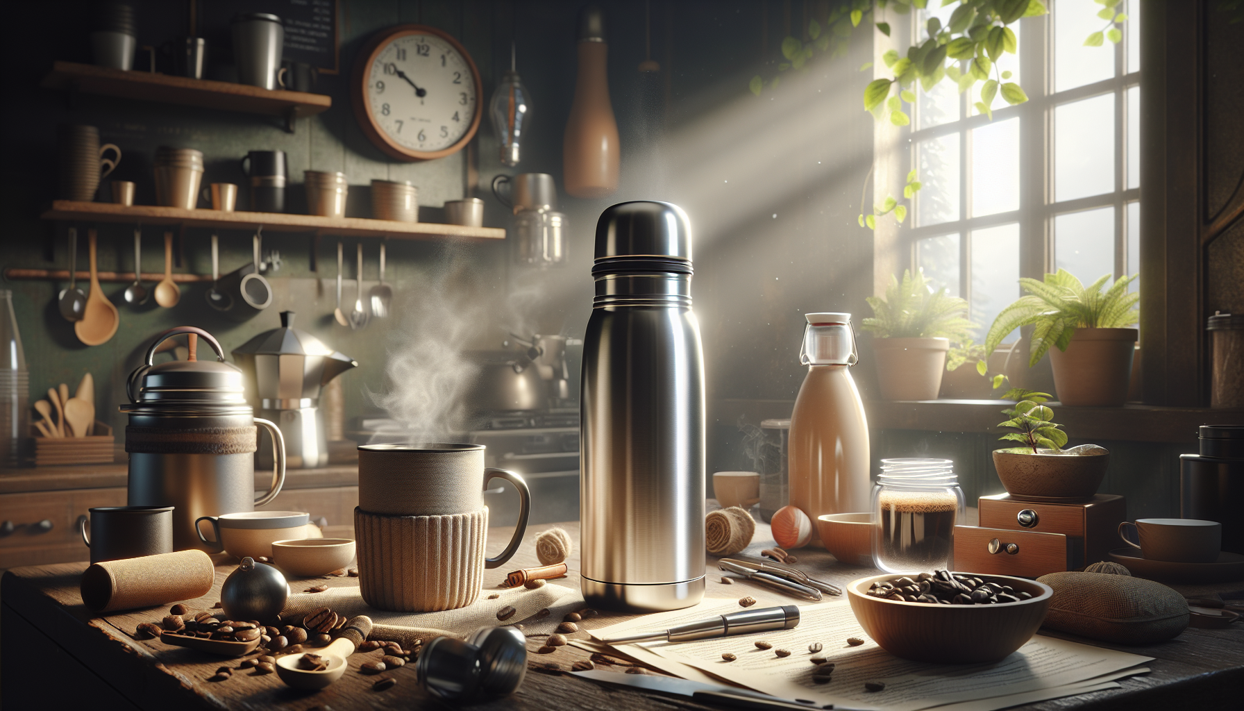 A cozy kitchen scene featuring a stainless steel thermos at the center, surrounded by various coffee-related items such as a steaming mug, an espresso maker, bowls of coffee beans, and fresh herbs in pots. Sunlight streams through a window, illuminating wooden countertops cluttered with utensils and ingredients, creating a warm and inviting atmosphere.