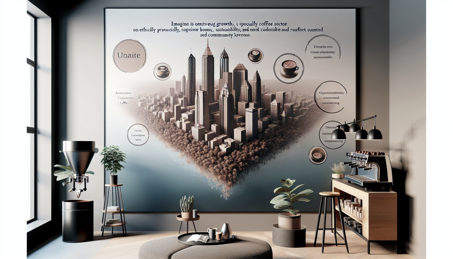 A modern coffee shop interior featuring a stylish espresso machine and a coffee grinder, with plants and wooden furniture. A large wall mural depicts a city skyline with an overlay of text promoting ethical coffee growth, sustainability, and community engagement, alongside images of coffee cups. Natural light streams in through large windows.