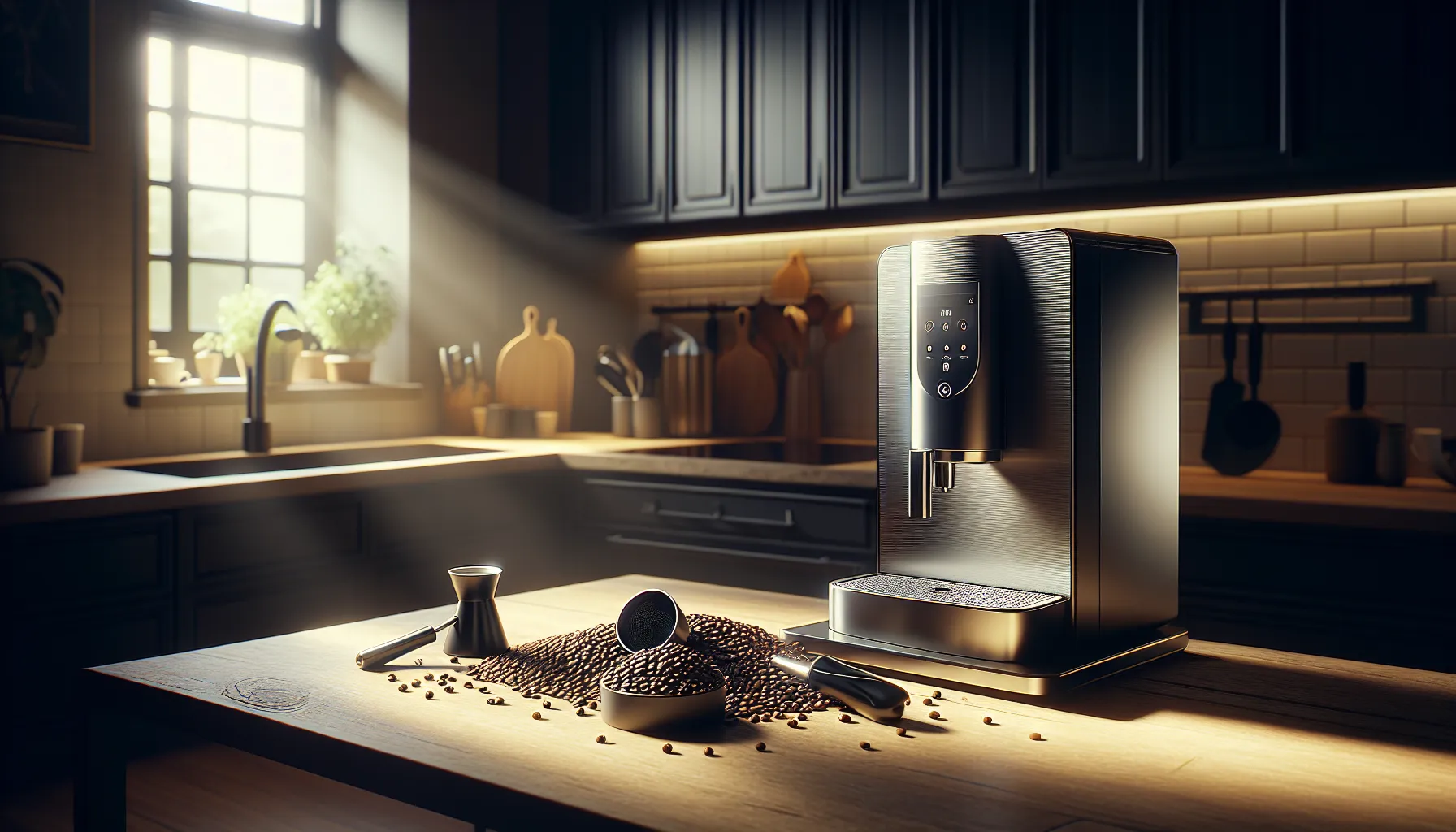 A modern built in coffee maker sits on a kitchen countertop surrounded by coffee beans and utensils.