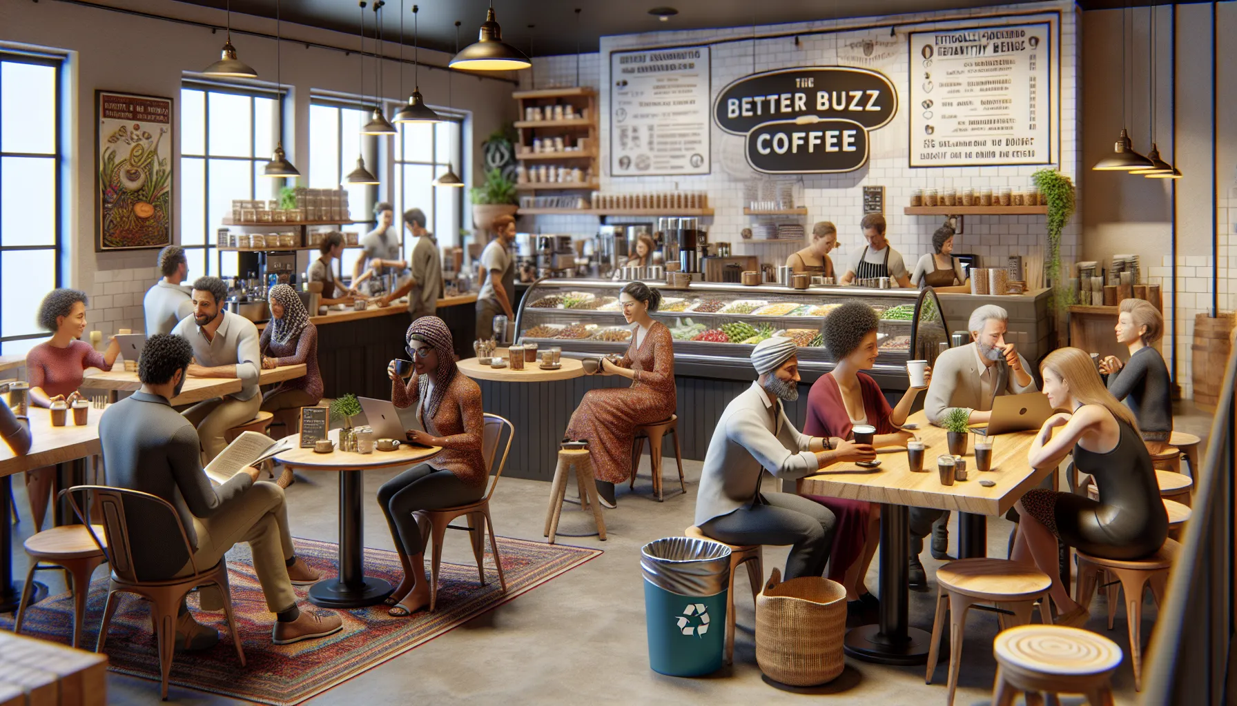 A bustling coffee shop interior with a variety of patrons, some working on laptops, others chatting or reading at tables. The café features a display of pastries and beverages behind a counter, with large windows allowing natural light to fill the space. Decor includes hanging lights and greenery, creating a cozy atmosphere.