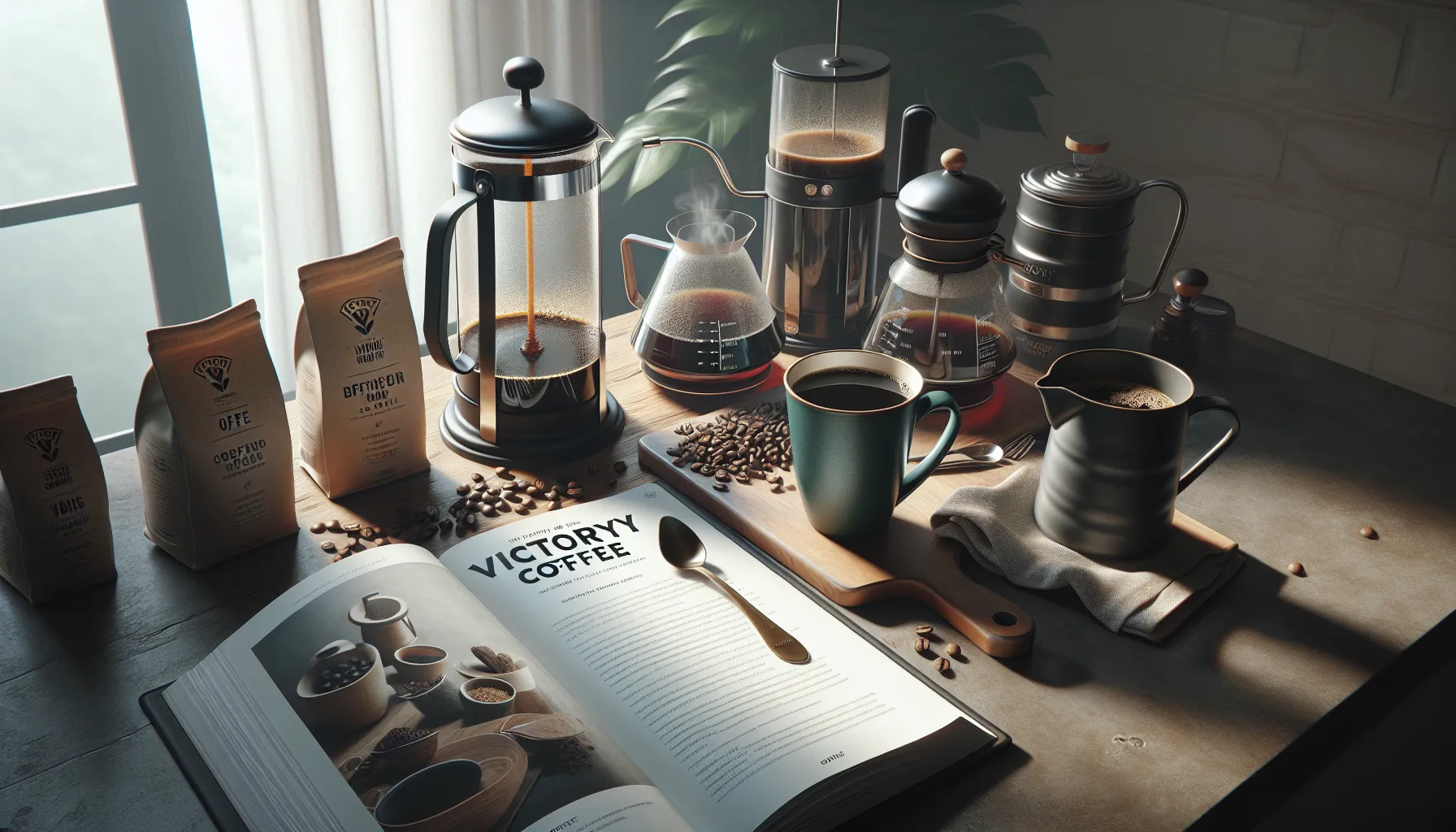 A cozy coffee setup featuring various brewing equipment, coffee beans, and an open book titled 