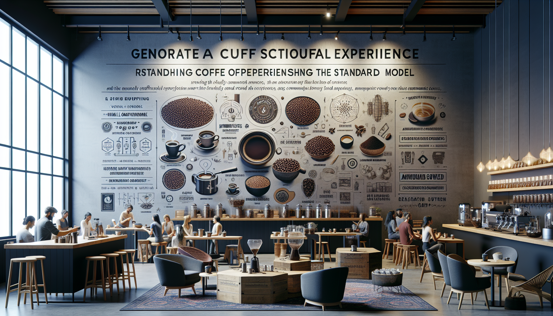 A modern coffee shop interior featuring a large wall mural with various coffee-themed illustrations and text. The scene includes patrons seated at wooden tables enjoying coffee, a stylish bar with brewing equipment, and an inviting atmosphere with warm lighting and wooden accents.