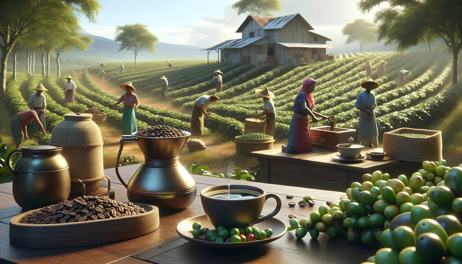 A scenic coffee farm showcasing the process of producing rising star coffee with lush green fields.