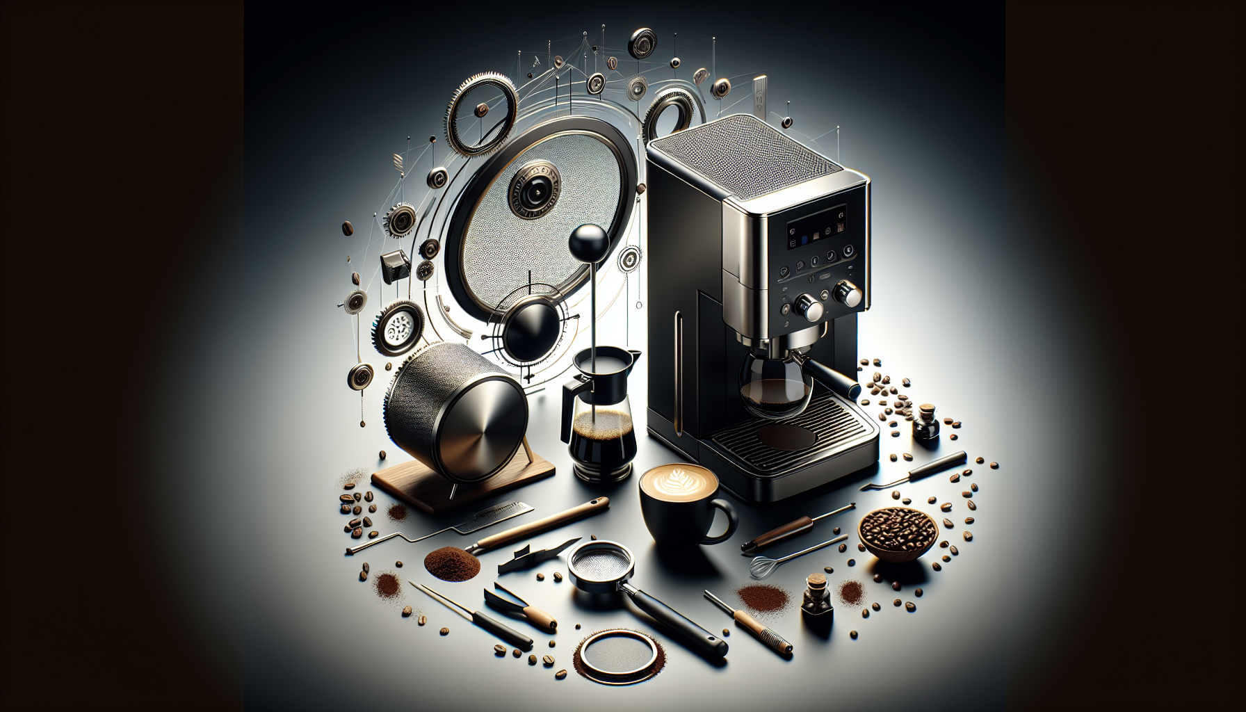 A modern coffee machine with a sleek design sits on a dark surface surrounded by various coffee-making tools, including a French press, coffee beans, ground coffee, and utensils. Abstract gears and soundwave elements are artistically arranged in the background, emphasizing a blend of coffee culture and technology. A cup of coffee garnished with latte art adds to the composition.