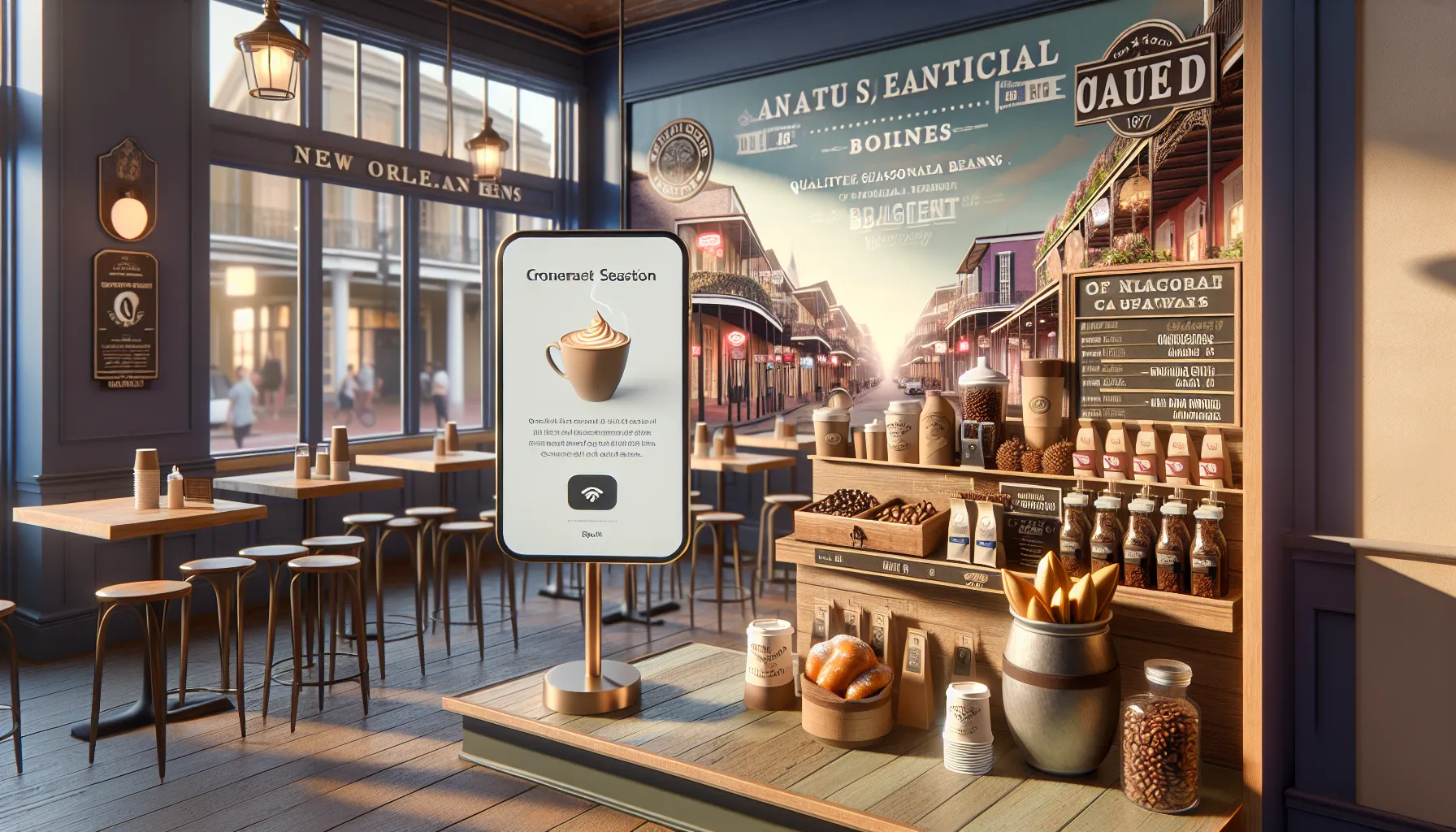 A cozy coffee shop interior with wooden tables and stools, featuring a display of baked goods and coffee supplies. A digital menu board showcases a whipped coffee drink titled 