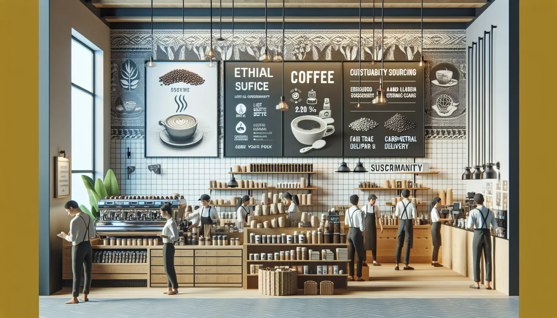 A modern coffee shop interior featuring wooden furniture, a large coffee machine, and multiple baristas in uniforms. The wall displays promote ethical sourcing and sustainability, with various coffee-related graphics and text. The atmosphere is bright with large windows, plants, and organized shelves filled with coffee products and merchandise.