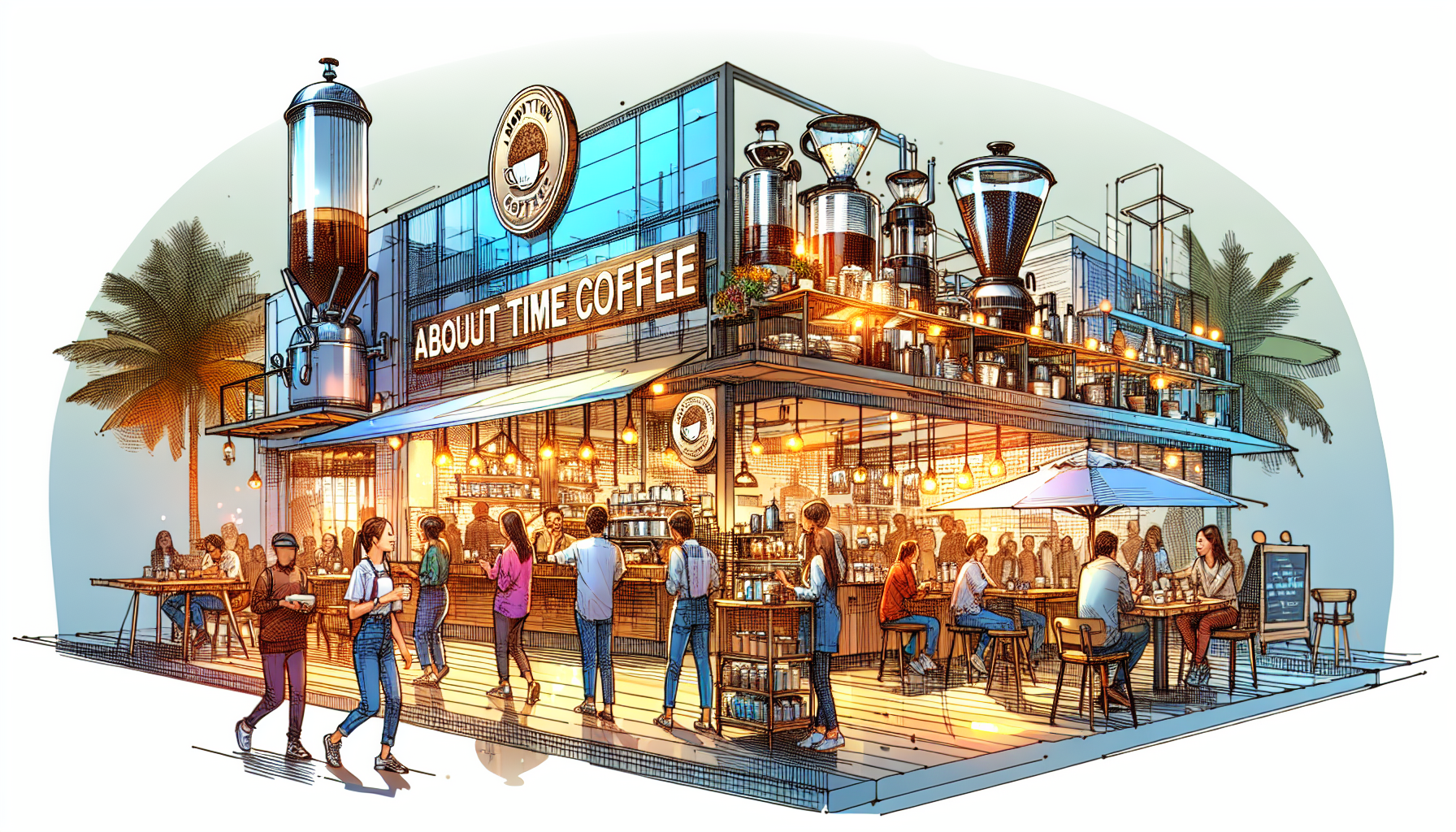 An illustration of a lively coffee shop named 