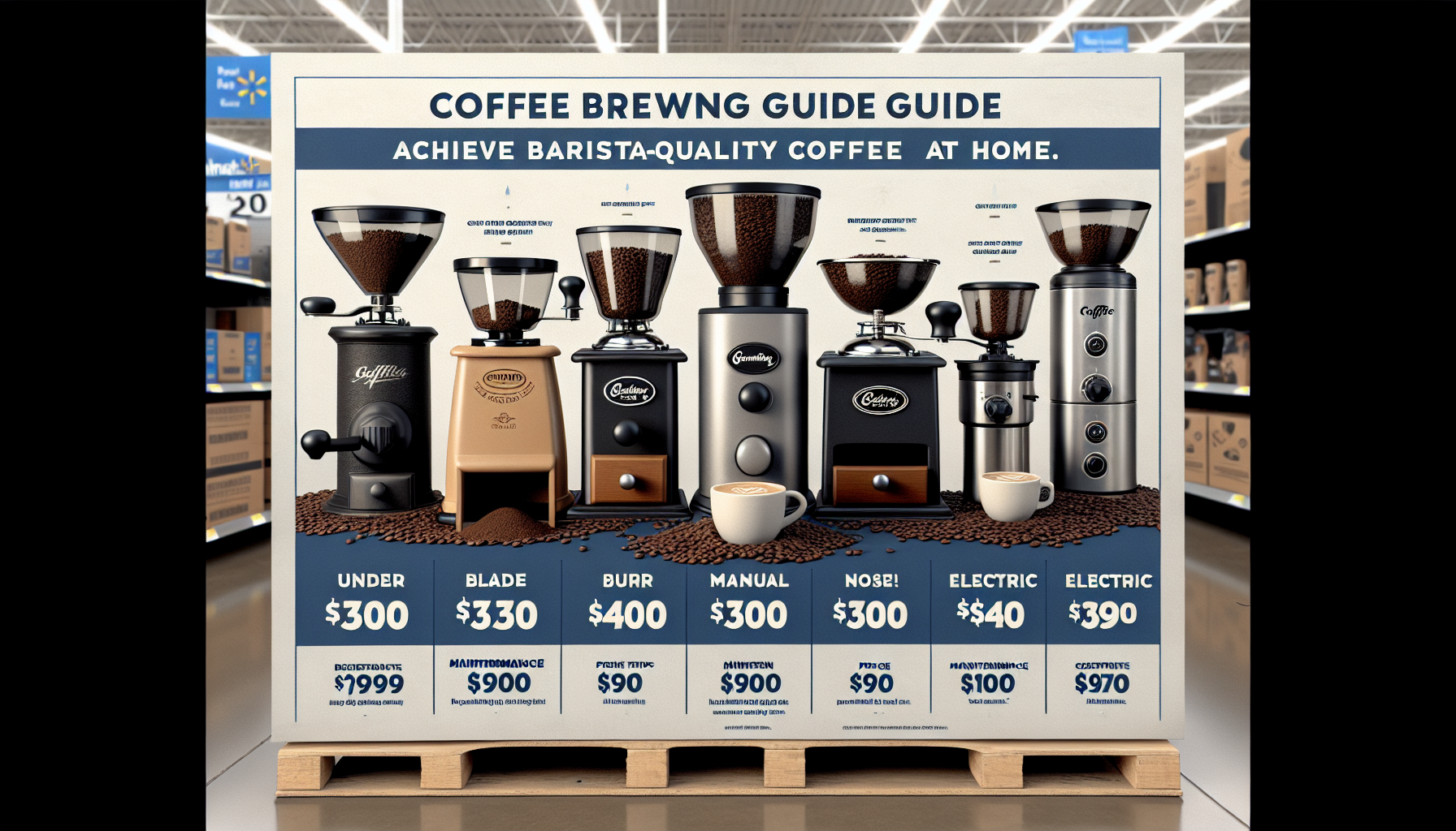 A promotional display featuring various coffee grinders arranged on a blue background. The display showcases six types of grinders labeled 