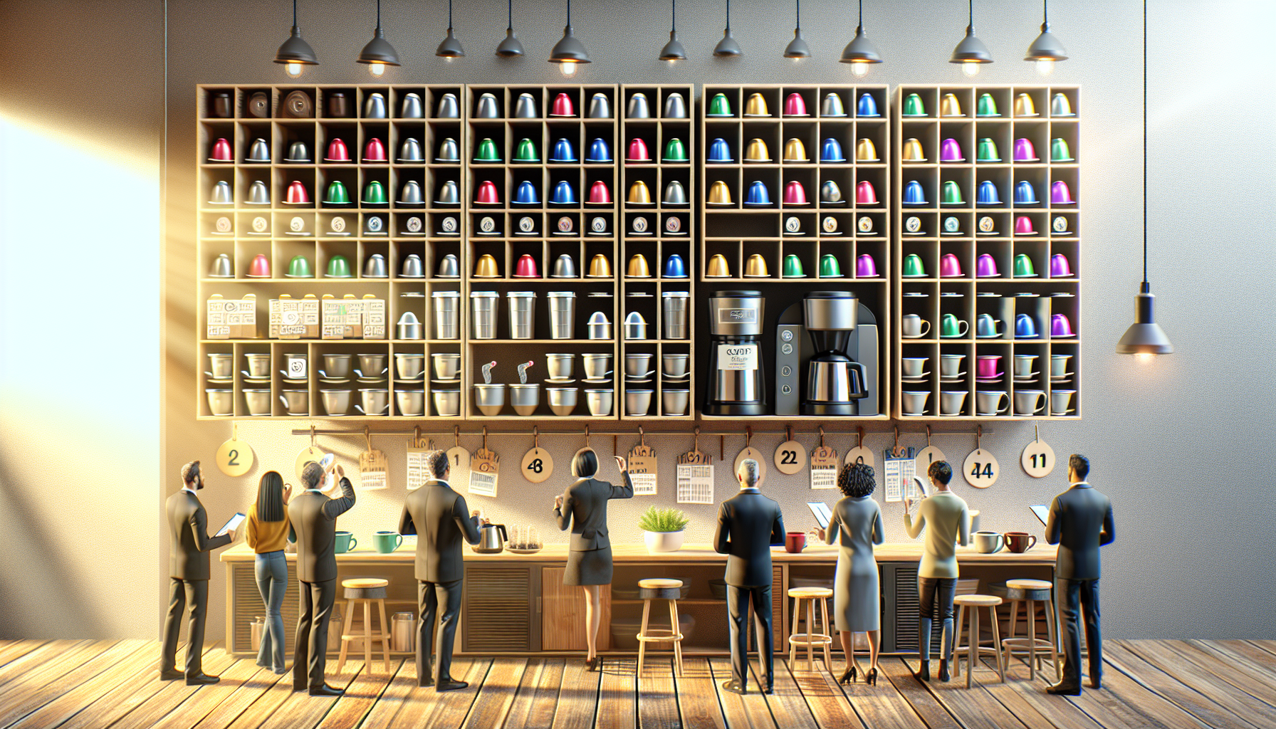 A modern coffee station features a wall of colorful coffee pods organized in shelves, complemented by a coffee maker and various cups below. Several people in business attire are interacting at the counter, taking notes or examining items, with warm lighting illuminating the scene and wooden flooring adding a cozy touch.