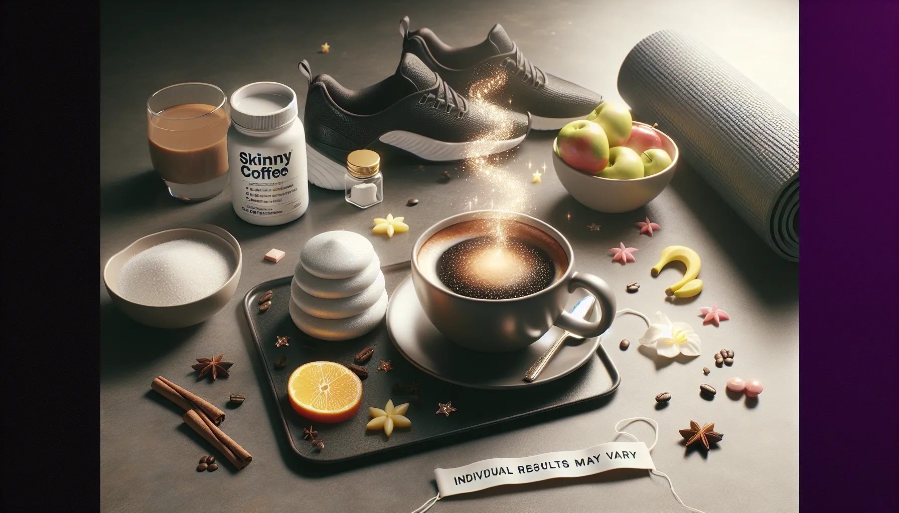 A steaming cup of skinny coffee surrounded by fitness items and healthy snacks on a table.