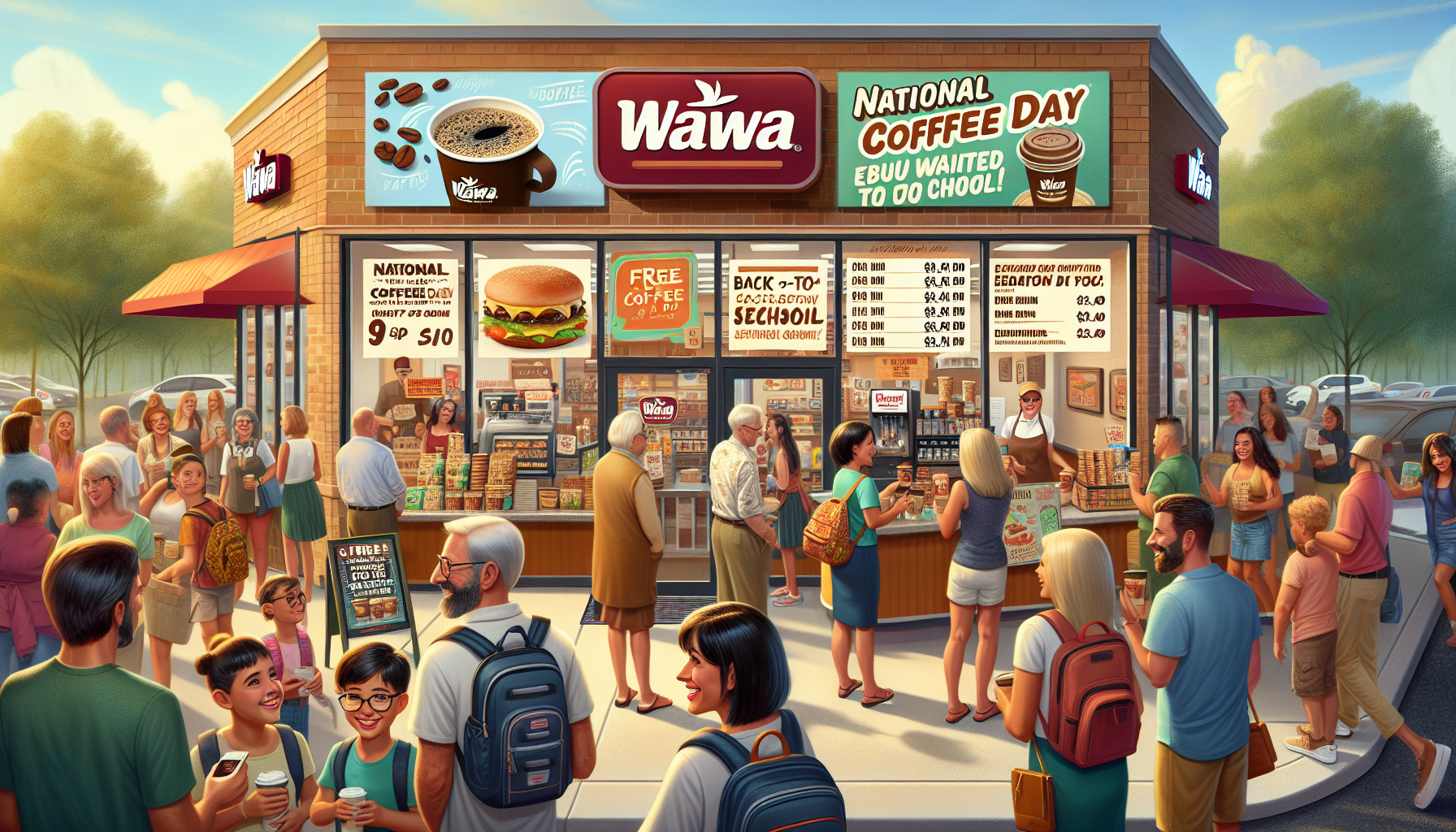 A busy Wawa store on National Coffee Day, featuring a diverse crowd of people gathered outside, some holding coffee cups. The storefront displays promotional signs for coffee deals and a menu with items like free coffee and sandwiches. Trees are visible in the background, suggesting a pleasant outdoor setting.