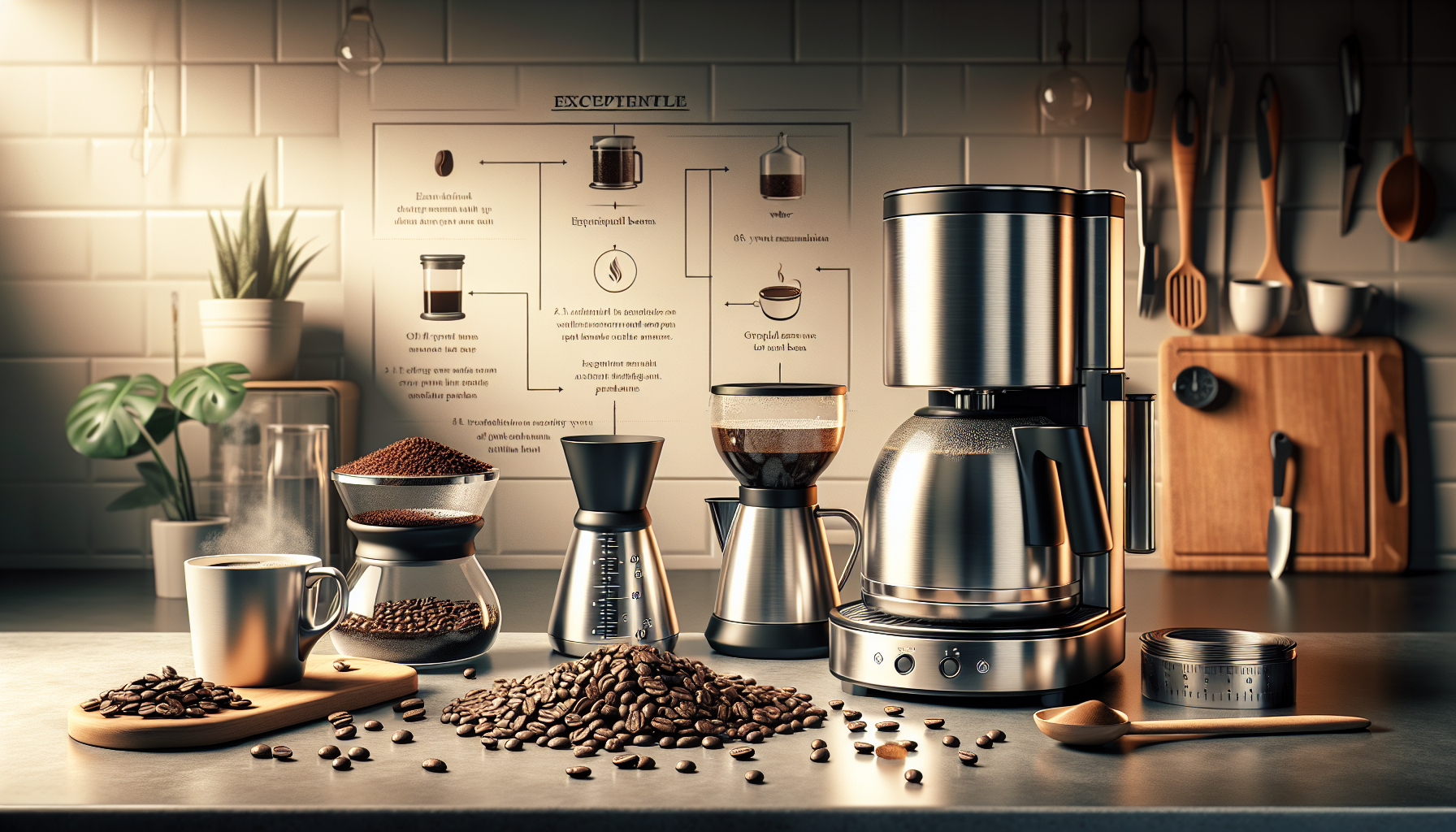 A modern kitchen countertop featuring a coffee setup, including a steaming mug of coffee, a pour-over dripper, a coffee grinder, and scattered coffee beans. A wall poster detailing coffee brewing instructions is visible in the background, along with kitchen utensils hanging above a wooden cutting board.