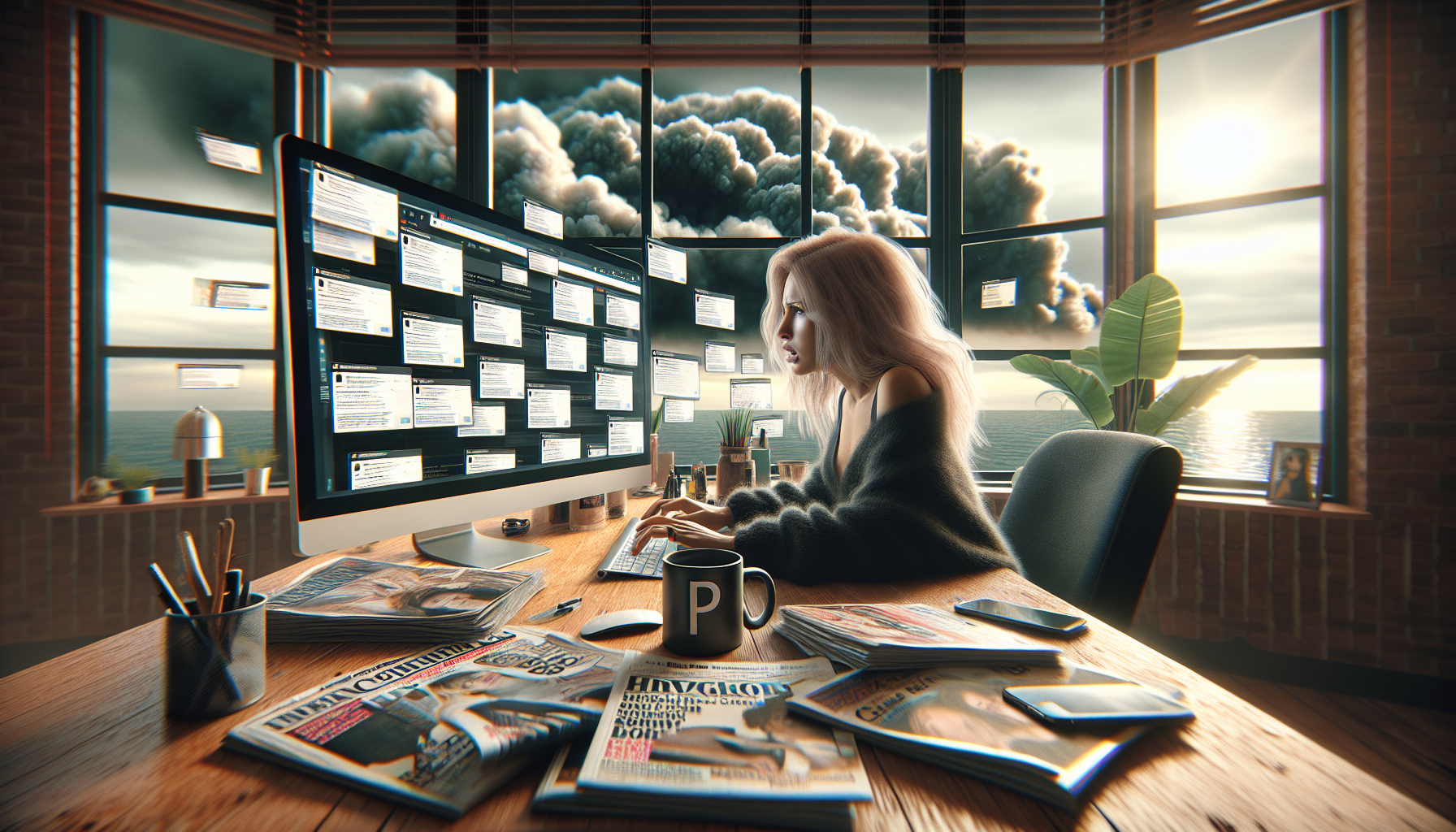 A woman with long, wavy hair sits at a wooden desk in a modern office, focused on her computer screen displaying numerous social media posts. The room has large windows revealing a dramatic sky with dark clouds and a sparkling ocean. On the desk are magazines, smartphones, and a coffee mug marked with the letter 