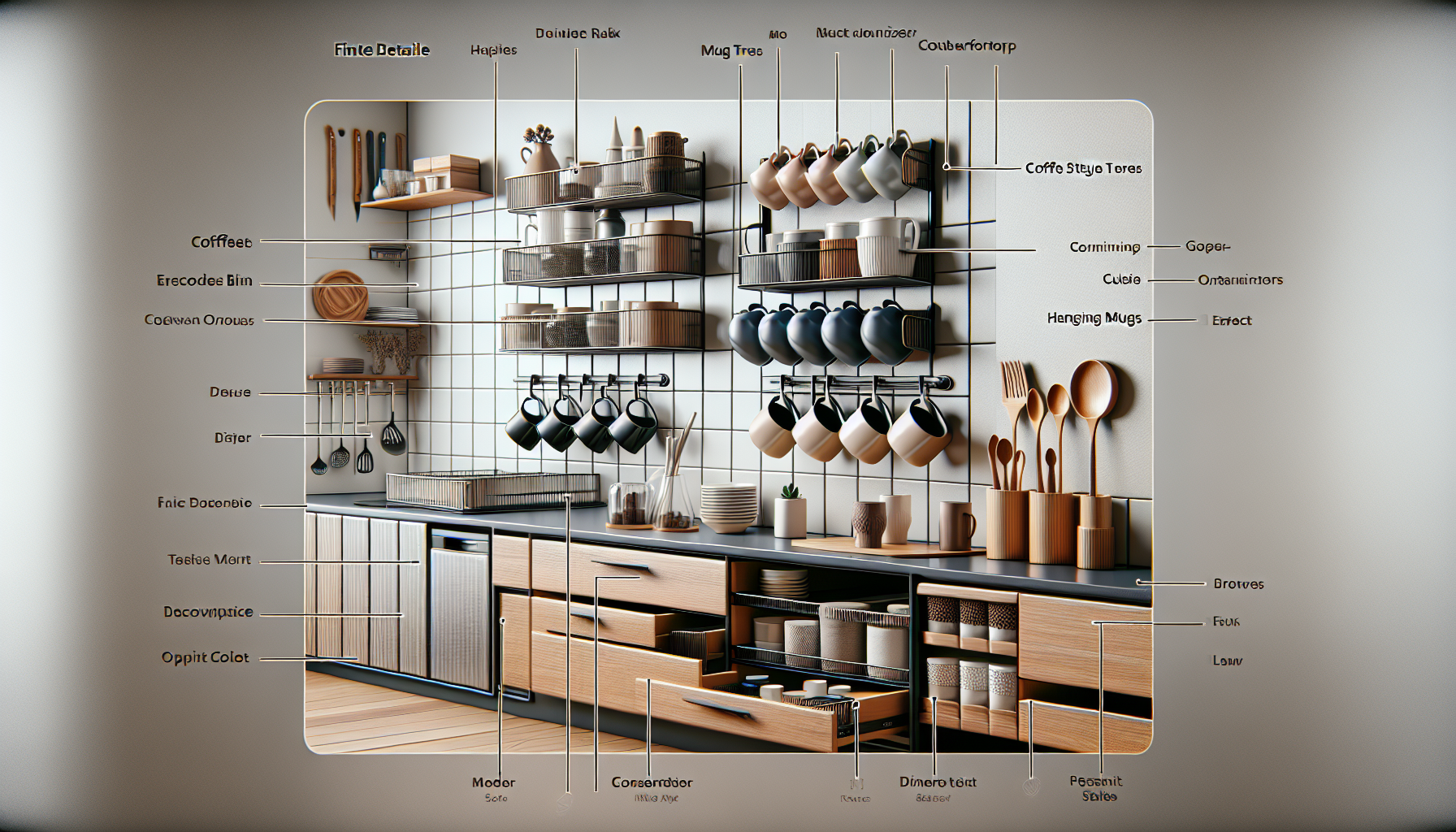 A modern kitchen interior featuring a well-organized open shelving unit with various kitchen utensils, pots, and hanging mugs. The cabinetry below includes drawers and compartments, highlighting a sleek, minimalist design. Various labels in an artistic font identify different kitchen elements, enhancing the visual guide for storage and organization in the space.