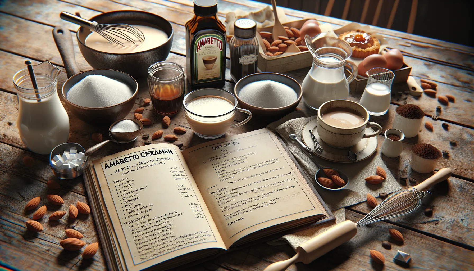 A wooden table is set with various ingredients for baking, including bowls of milk, sugar, and cream, a bottle of amaretto liqueur, jars of ground coffee, and a whisk. An open recipe book is teeming with instructions, alongside scattered almonds, a rolling pin, and a cup of coffee. The scene is warm and inviting, hinting at a cozy baking experience.