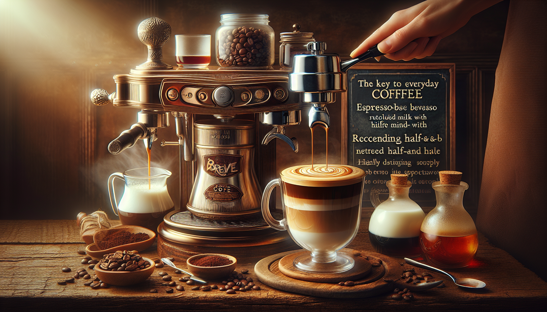 A vintage espresso machine pours rich coffee into a clear glass cup layered with milk froth, set on a wooden countertop. Surrounding the machine are bowls of coffee beans and ground coffee, a small jug of milk, and bottles of syrup. A decorative chalkboard with coffee-related text is visible in the background, illuminated by warm light.