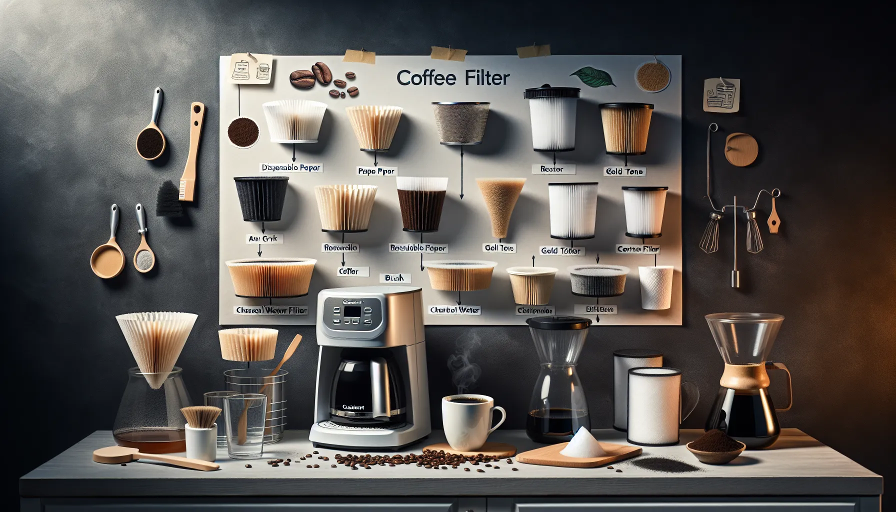 Cuisinart coffee maker filter options displayed alongside a brewing setup and coffee ingredients.