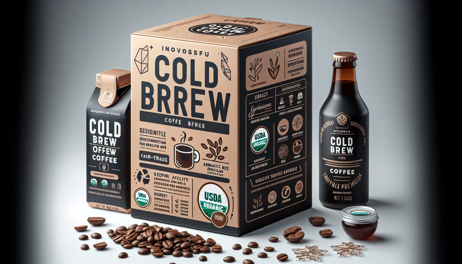 A visually appealing arrangement of cold brew coffee products, including a box, a carton, and a glass bottle, all featuring sleek, modern packaging with dark and earthy tones. The box displays various certifications like USDA Organic and Fair Trade, along with a coffee cup graphic. Scattered coffee beans and a small jar of coffee concentrate complement the scene, set against a gradient gray background.