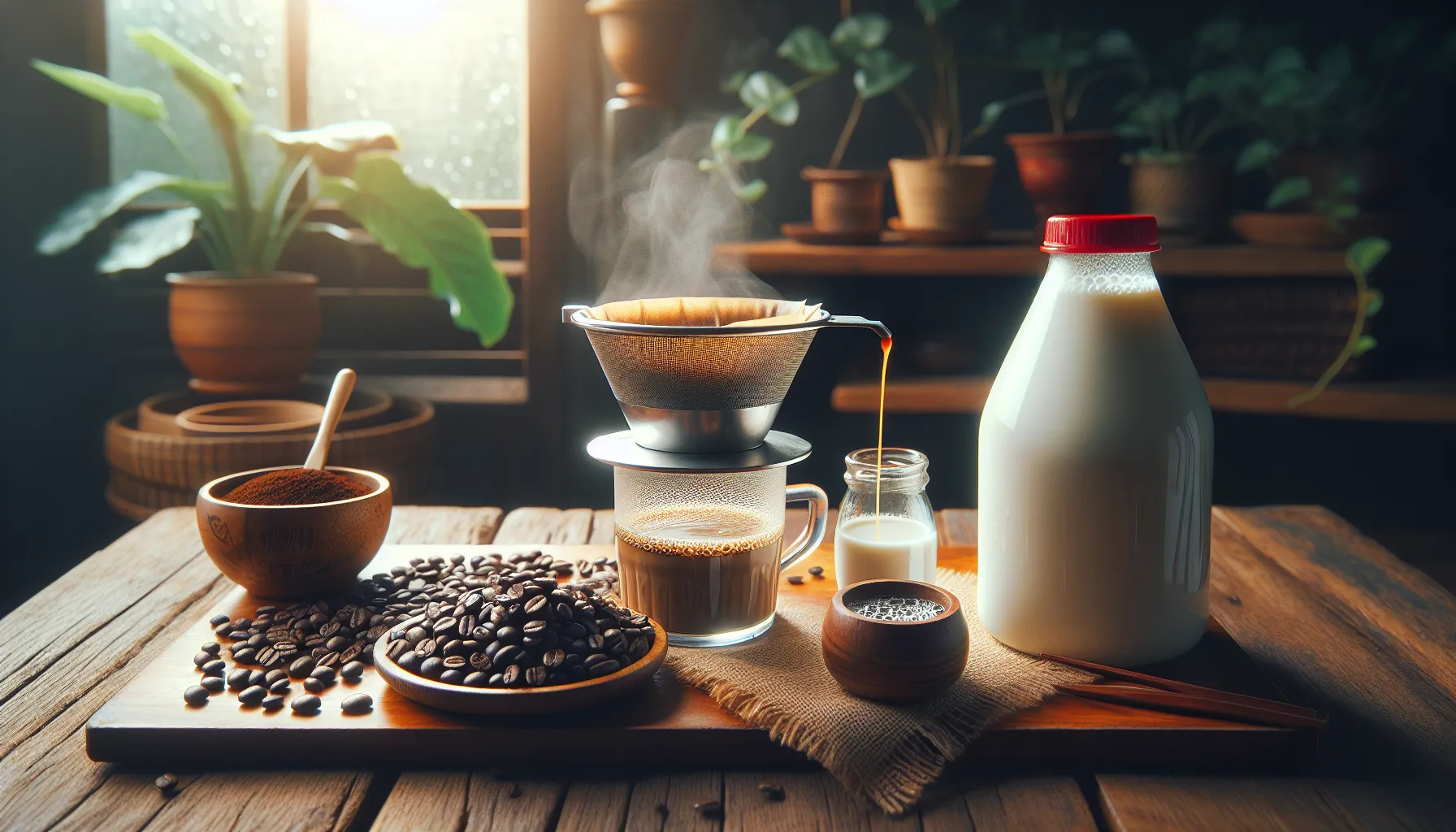 A cozy setup featuring fat milk coffee, fresh ground beans, and brewing equipment on a wooden table.