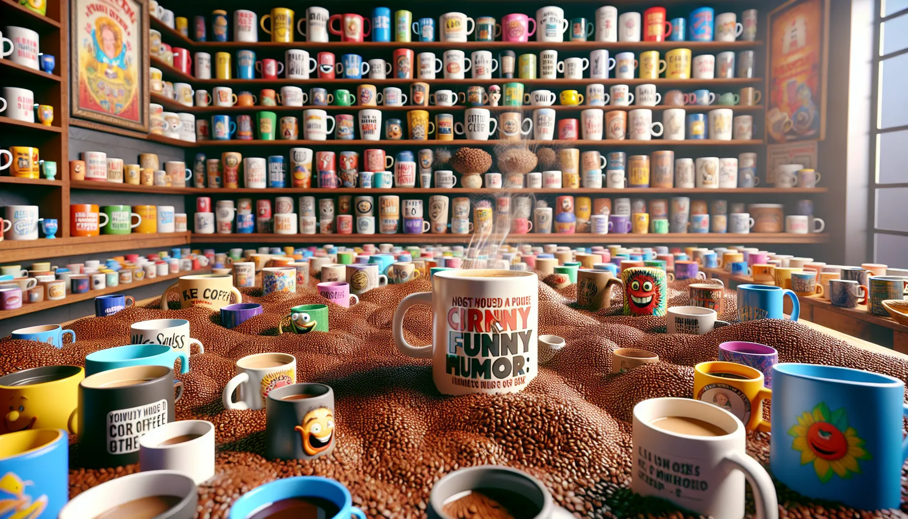 A vibrant collection of coffee mugs displayed on shelves, with a variety of colorful designs and humorous quotes. In the foreground, mugs are partially submerged in a mound of coffee beans, with steam rising from a central mug that features the phrase 