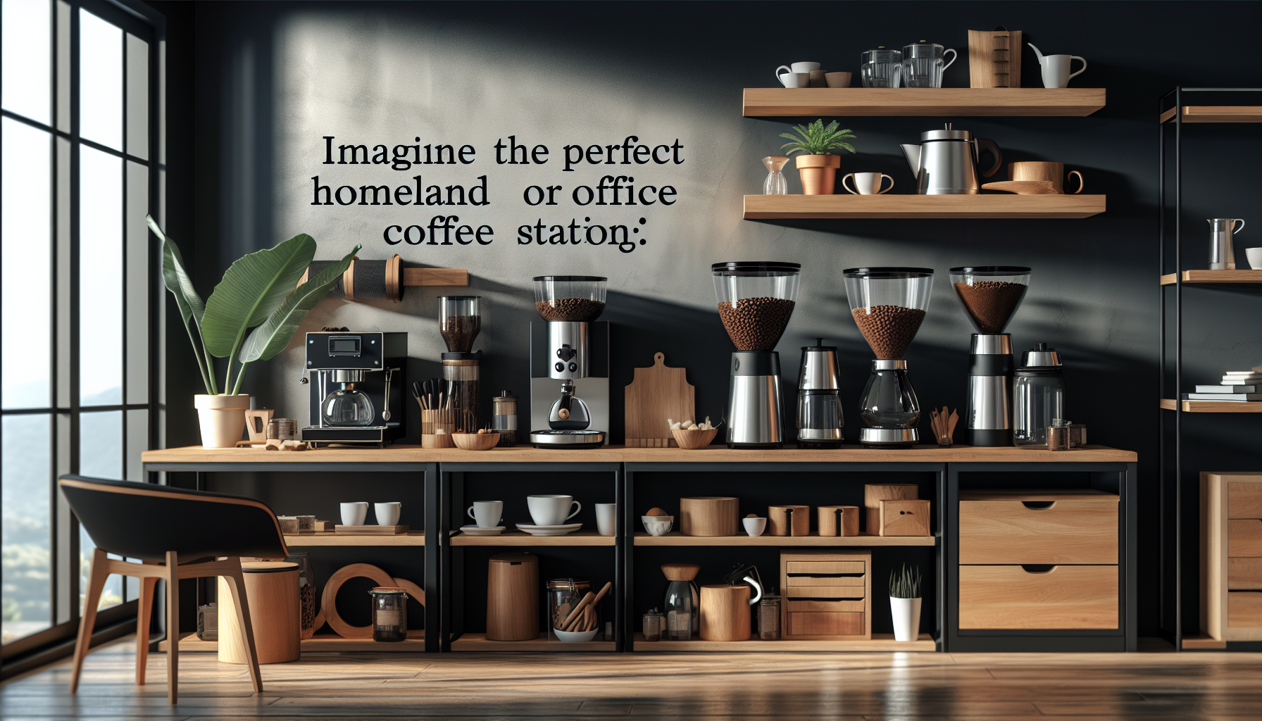 A stylish coffee station featuring a wooden countertop with various coffee equipment, including grinders and espresso machines, set against a dark wall adorned with the text 