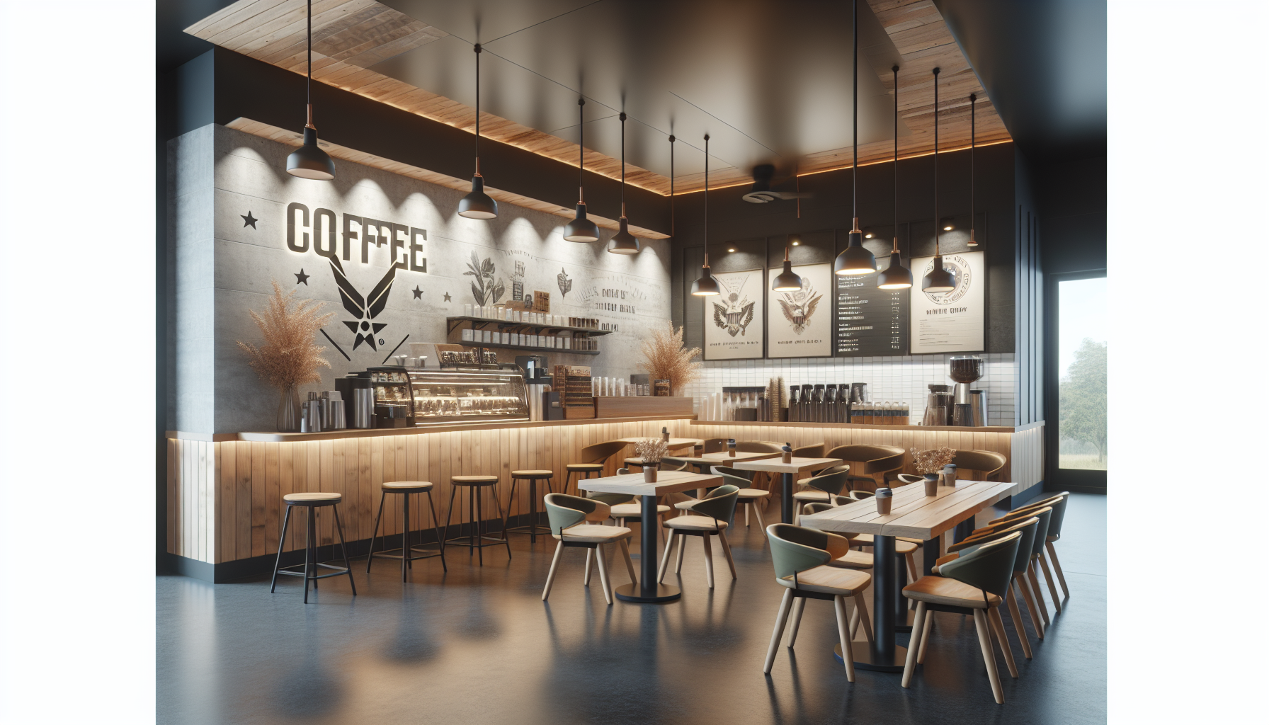 A modern coffee shop interior featuring a curved wooden counter with a glass display case, adorned with potted plants and coffee mugs. The walls are decorated with a large 