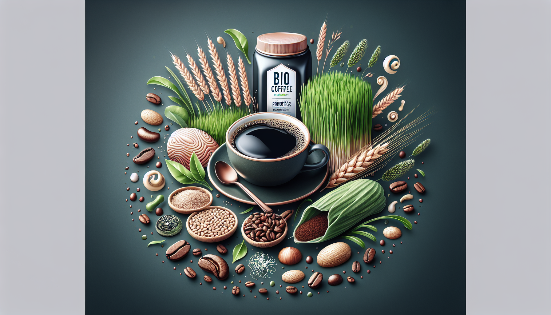 A circular arrangement of coffee products and ingredients, featuring a cup of black coffee, a jar labeled 