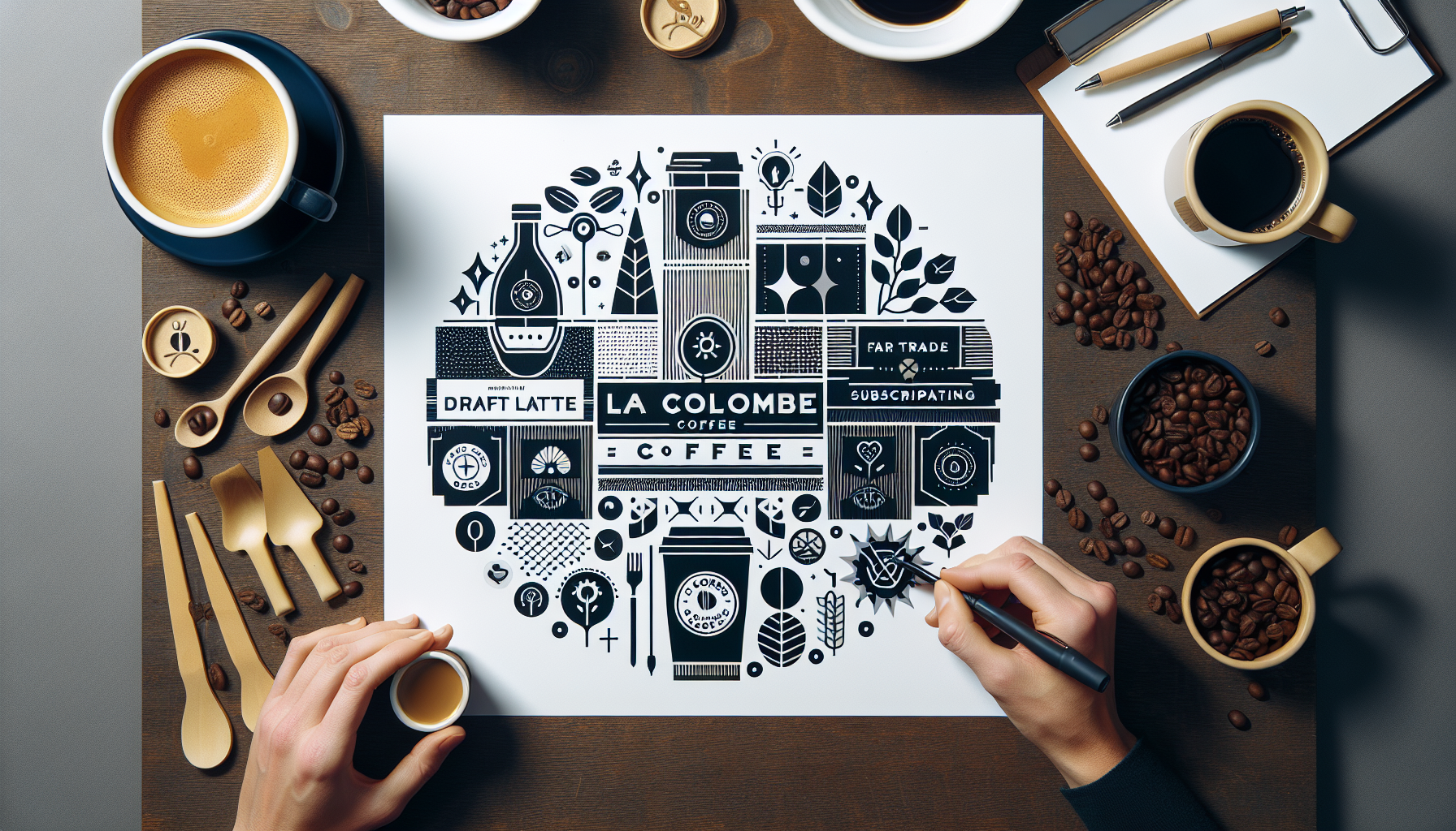 A top-down view of a wooden table featuring coffee-related items. A filled coffee cup sits beside several spoons and bowls of coffee beans. A large sheet of paper displays a black and white graphic design with coffee branding elements, including 