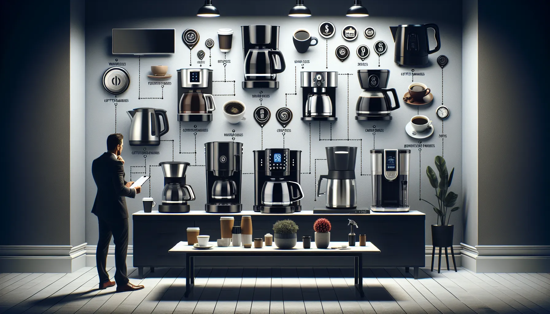 A man in a suit examines a clipboard in a modern kitchen display featuring a variety of coffee machines and accessories on the wall, alongside several cups and plants on a table. The setup is well-lit and organized, showcasing different brewing appliances with labels and connections.