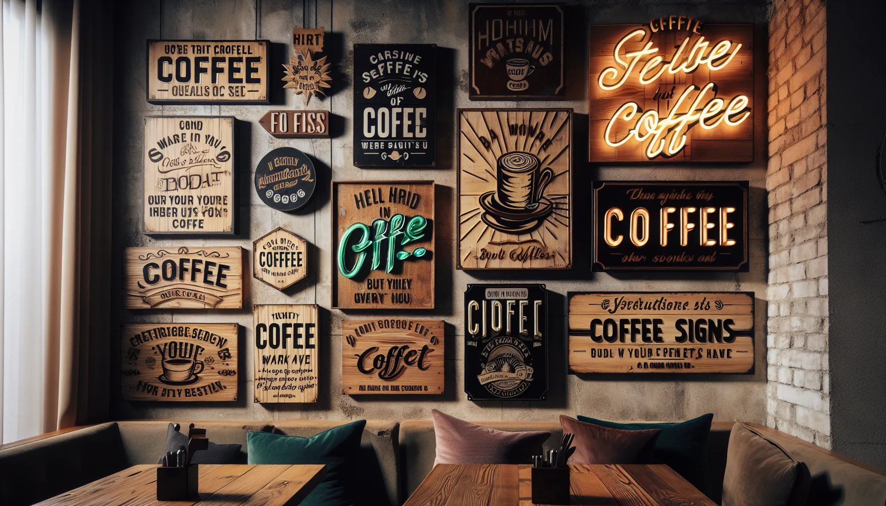 A variety of wooden and neon coffee signs are artistically displayed on a wall in a cozy café setting.