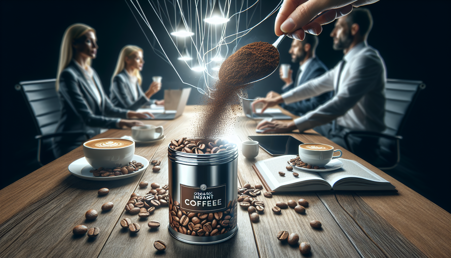 A person in a suit pours instant coffee from a spoon into a shiny tin can labeled 