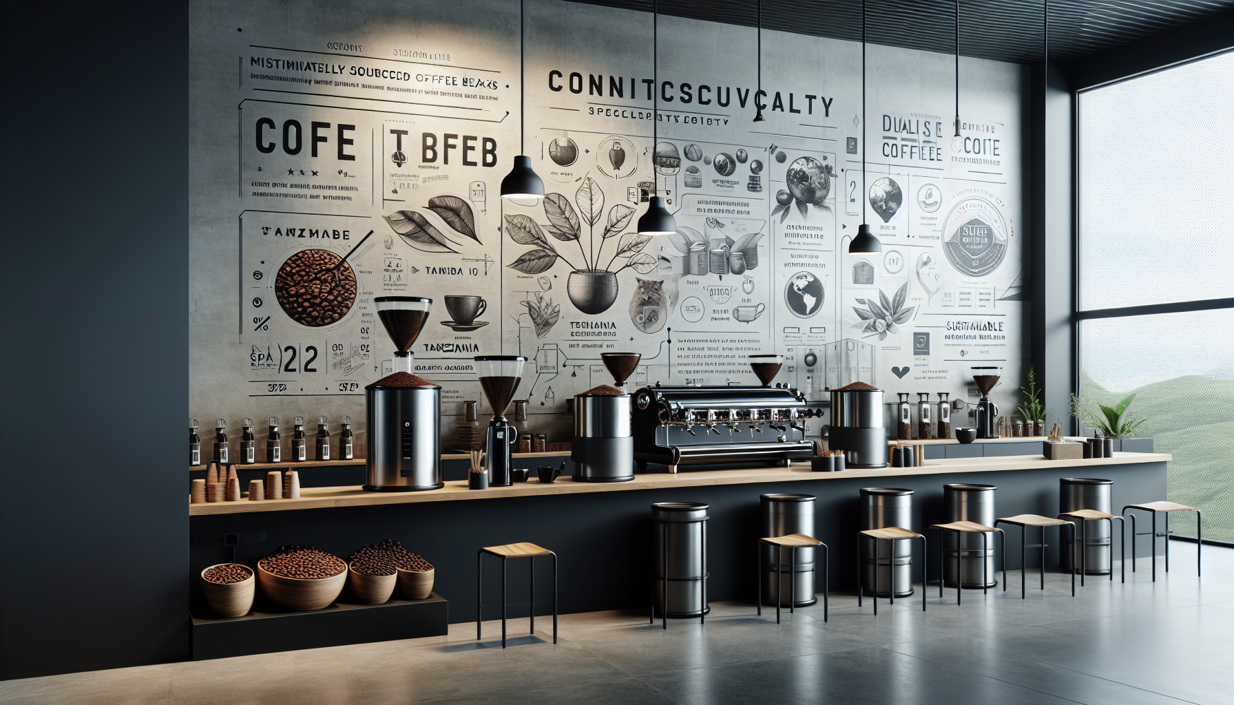 A modern coffee shop interior featuring a sleek wooden counter with coffee brewing equipment, metal stools, and various containers of coffee beans. The wall is decorated with vintage-style coffee-related graphics and text, and large windows allow natural light to flood the space, offering a view of greenery outside.