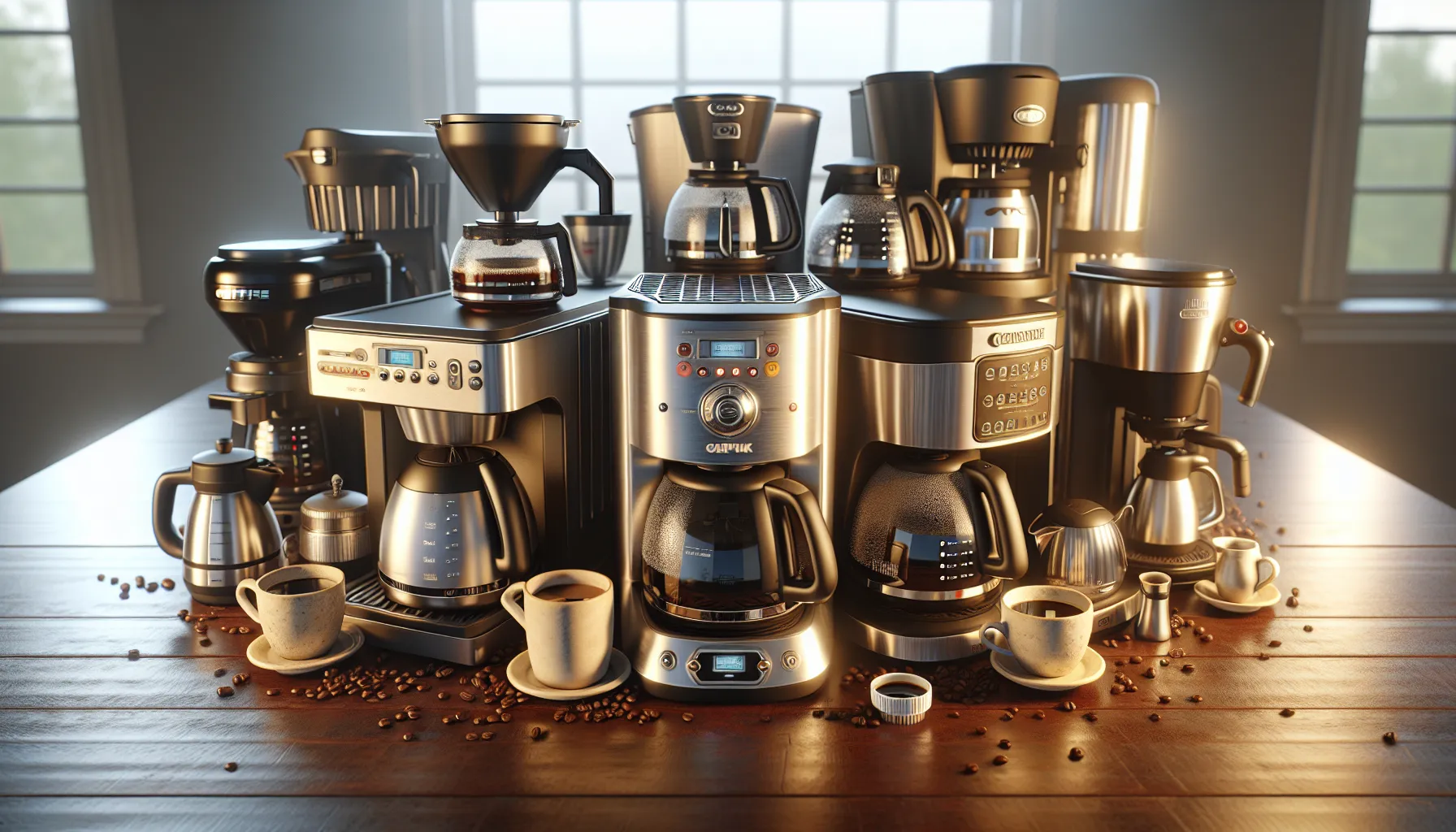 A selection of stylish bed bath and beyond coffee makers displayed with coffee cups and beans.