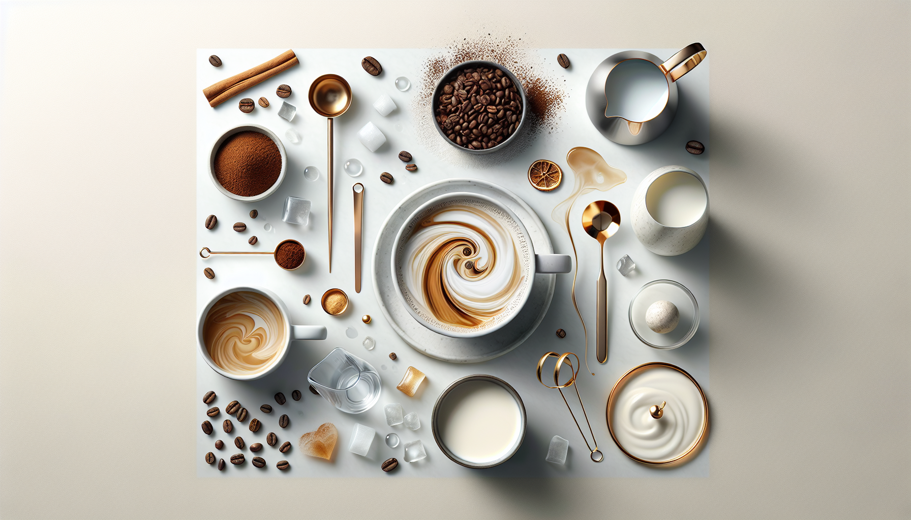 A beautifully arranged coffee setup featuring a large coffee cup with swirling latte art in the center, surrounded by various ingredients such as ground coffee, whole coffee beans, sugar cubes, a small jar of honey, milk in elegant pitchers, and decorative spoons. The scene also includes a cinnamon stick and a lemon slice, all on a light, neutral background.