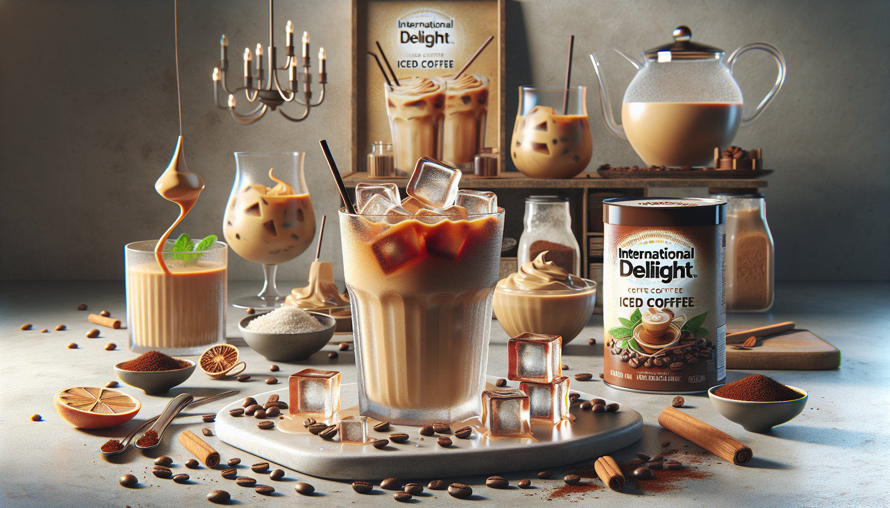 A beautifully arranged scene featuring various iced coffee drinks made with International Delight. A glass of iced coffee with ice cubes sits prominently in the foreground, surrounded by other beverages, including a filled glass with whipped cream and a decorative swirl of coffee syrup. The table is adorned with coffee beans, cinnamon sticks, sugar, slices of dried orange, and a tin of International Delight iced coffee mix. In the background, a pot of iced coffee and additional glasses create a cozy, inviting atmosphere, highlighted by soft, natural lighting.