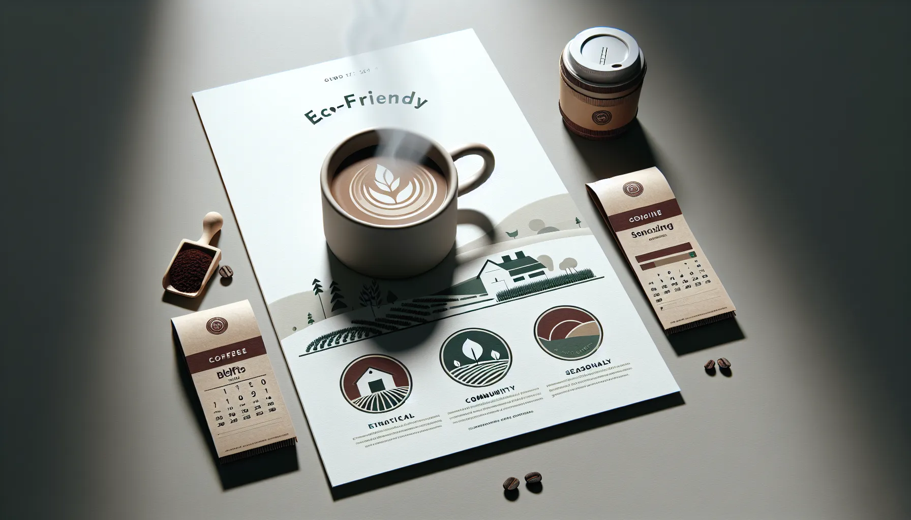 A steaming cup of kings coast coffee sits on an eco-friendly themed table with coffee-related items.