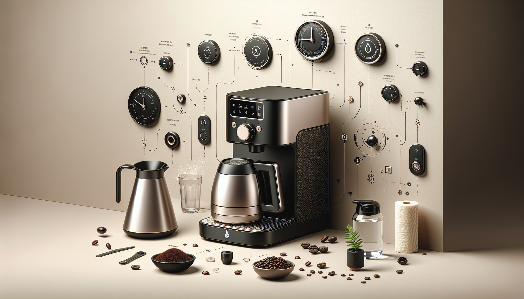 A sleek coffee maker with a digital interface sits on a minimalist countertop, surrounded by coffee beans, a small bowl of ground coffee, a glass carafe, a water container, and a roll of paper towels. The wall behind features various dials, buttons, and gauges related to coffee brewing, creating a modern and sophisticated kitchen setup.