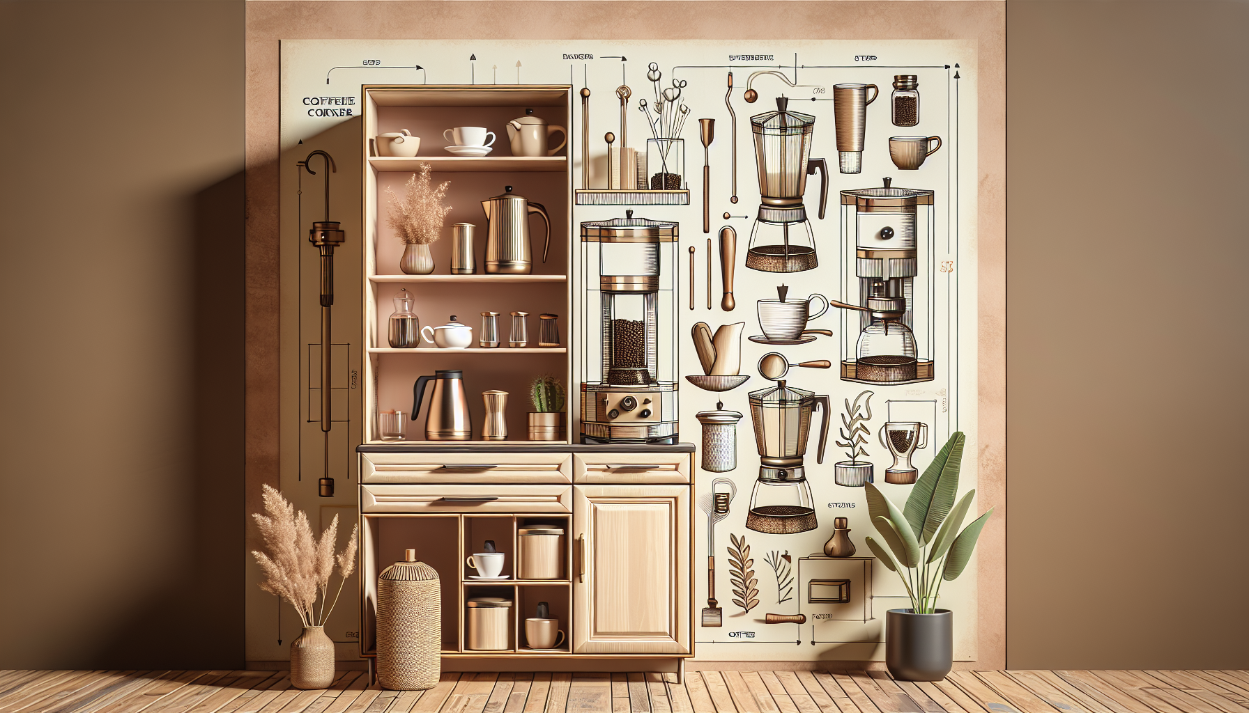 A stylish kitchen setup featuring a wooden shelf filled with various coffee-related items such as mugs, pots, and a glass coffee grinder, alongside an illustration on the wall depicting different coffee brewing methods and equipment. The decor includes a plant and textured vases, with warm earthy tones dominating the aesthetic.