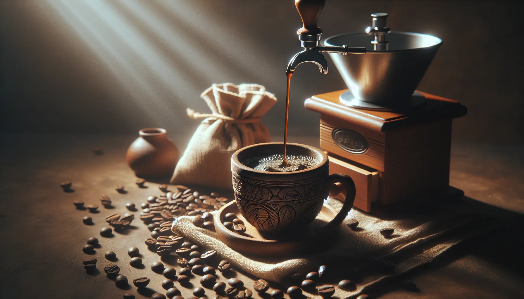 A beautifully crafted coffee being poured into an intricately designed mug with coffee beans scattered around.